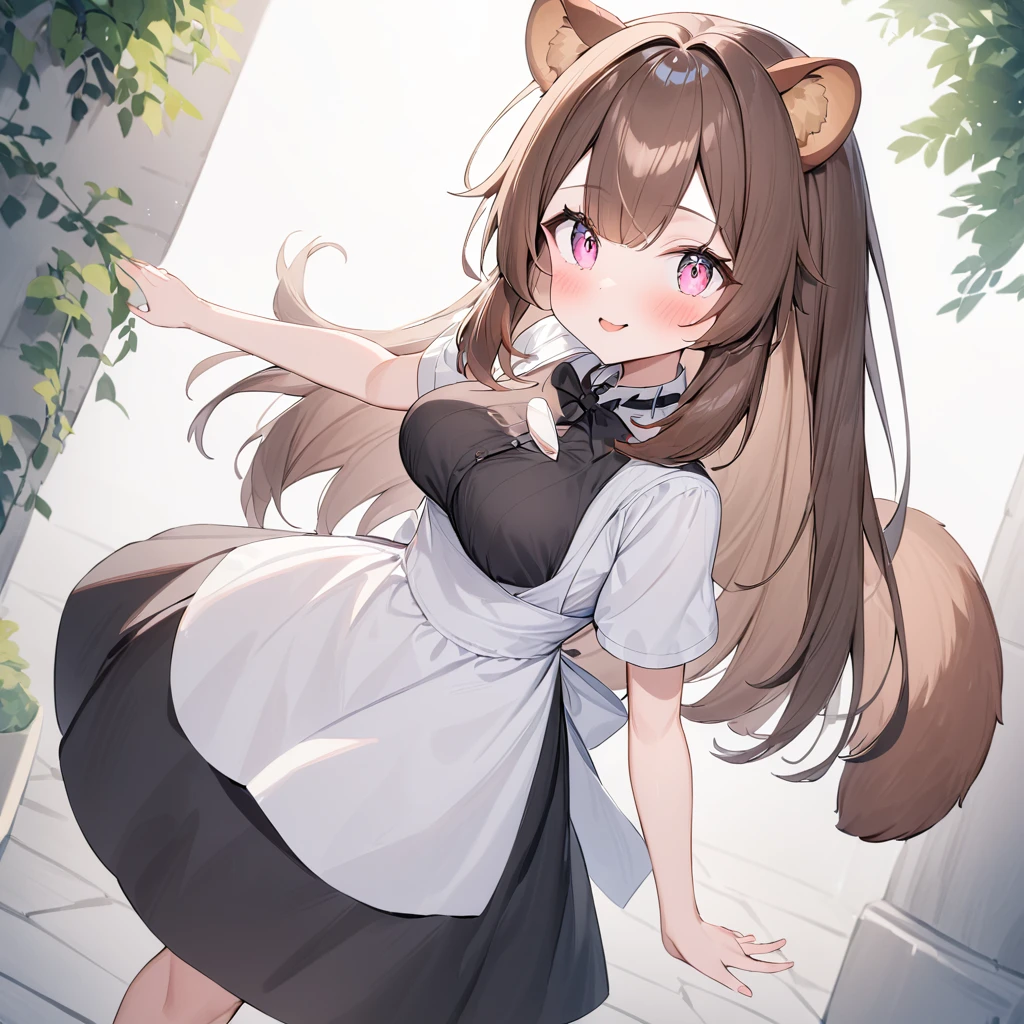   score_9, score_8,  ((( perfect face))), (medium breasts),  focus on the chest , Full body view, { viewers},(Brown Hair), (bangs), (Long Hair), (Animal ears), (Raccoon Ears), (Raccoon Girl), (Raccoon Tail),  1 girl, Raphtalia, (Pink Eyes), (Detailed eyes), ( perfect eyes), garden, Clevis, Outdoor, Maid Outfit Classic