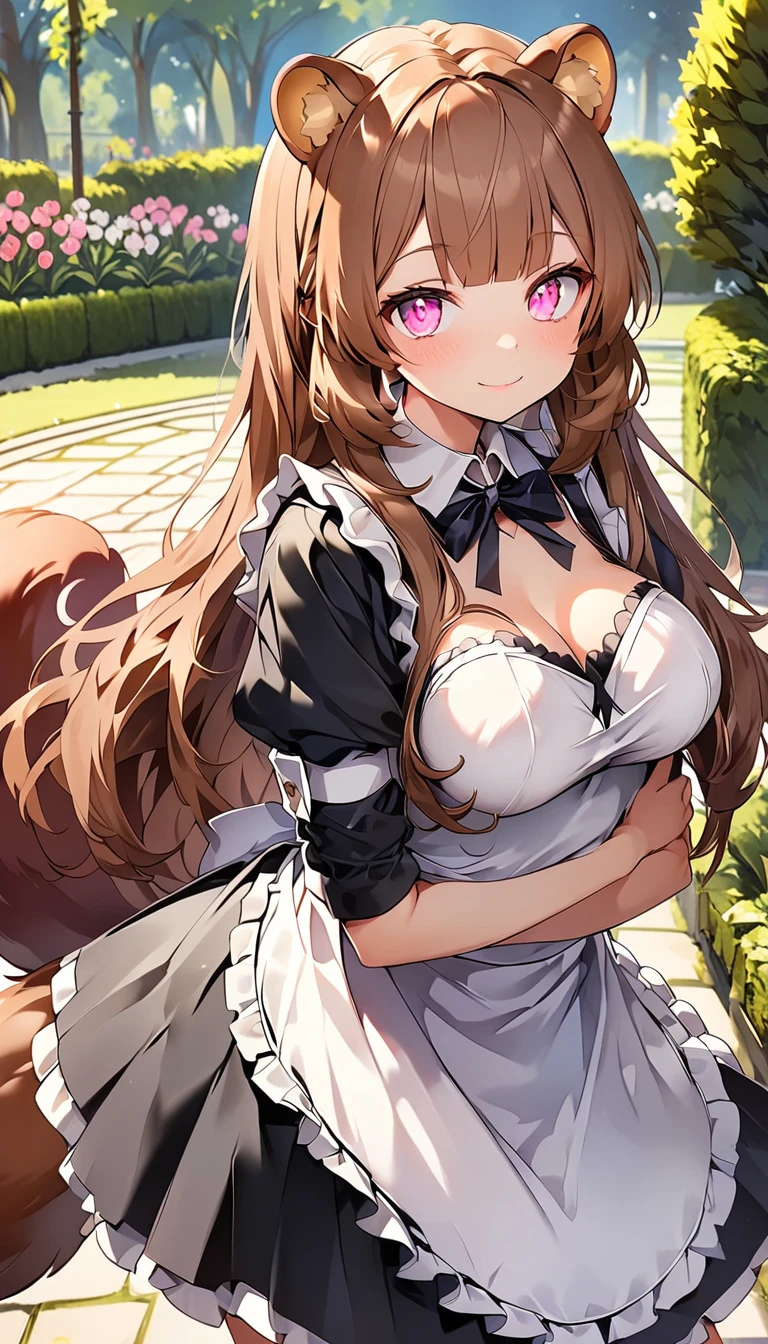   score_9, score_8,  ((( perfect face))), (medium breasts),  focus on the chest , Full body view, { viewers},(Brown Hair), (bangs), (Long Hair), (Animal ears), (Raccoon Ears), (Raccoon Girl), (Raccoon Tail),  1 girl, Raphtalia, (Pink Eyes), (Detailed eyes), ( perfect eyes), garden, Clevis, Outdoor, Maid Outfit Classic