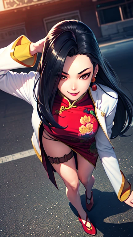 shenhua, makeup, jacket, chinese clothes, red china dress, thigh strap, earrings, black hair, 1girl, solo, facing viewer, looking at viewer, full body, smile. dynamic angle, face focus, looking at viewer, photo realistic, extremely detailed CG, vibrant colors,