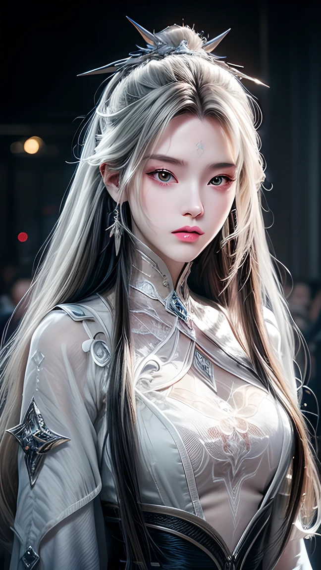 masterpiece, Best quality, Nearly perfect, (Perfect face:1.1), (High Detail:1.1), drama, (1 person), has fair skin, (Pure white long hair:1.4), White eyes, Otto Seppalainen, Solitary, Long white hair, Dragon Horn,Dragon Girl,White luxury suit, Cover your belly button, Snob, Albinism, Luminous Studios Graphics Engine, Pout, Demon Magician, Volumetric Lighting, detailed eyes , (8k wallpaper masterpiece), Super detailed, Intricate details, Absolute pixel perfection, Rosette, Fashion, side, Looking at the audience, Balenciaga style,No teeth showing,Not blurry。