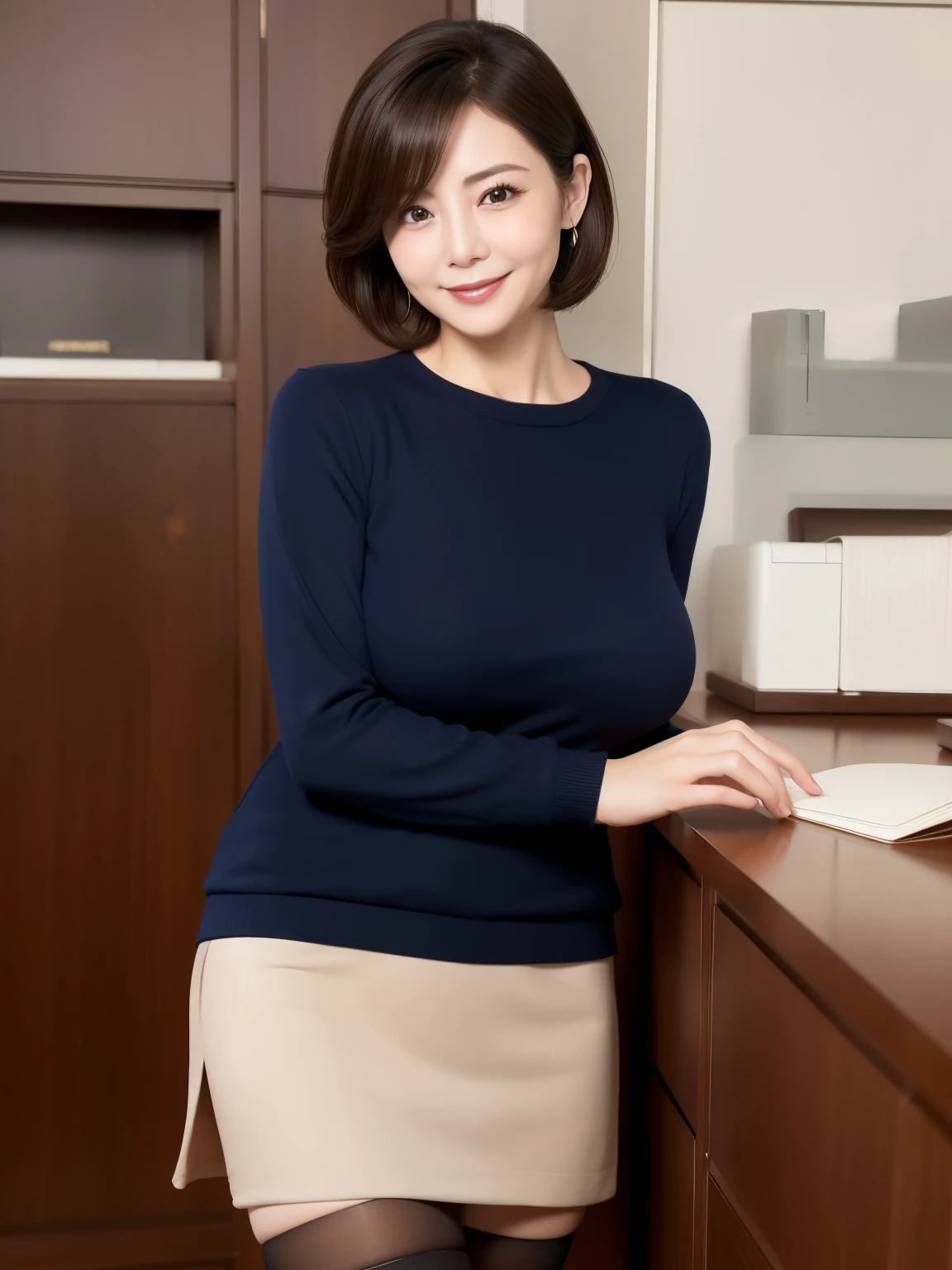 ((masterpiece))、((top-quality))、photograph、Realism、 High image quality 、 what is the background 、 Delicate facial features 、 short hair、 Realistic Background and Accessories 、Big and soft breasts、40 years old、secretary、Office、 smile ,lightweight navy sweater, Tight Miniskirt 、 Black Stockings 、Saggy breasts、Wide angle,