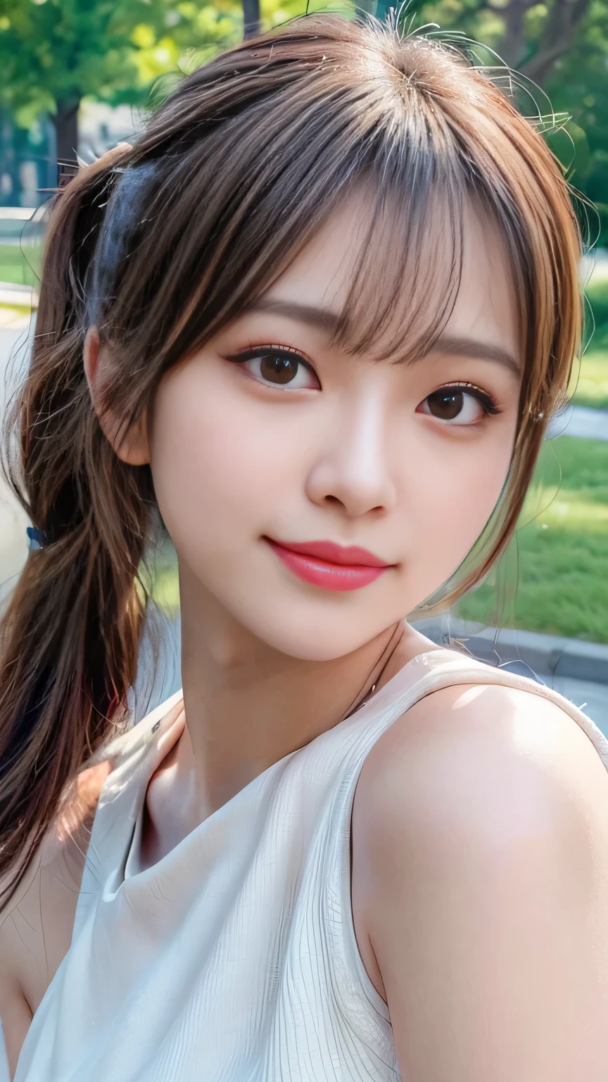 masutepiece, Best Quality, Illustration, Ultra-detailed, finely detail, hight resolution, 8K Wallpaper, Perfect dynamic composition, Beautiful detailed eyes, Women's Fashion Summer,Ponytail hair,Small breasts natural color lip, Bold sexy poses,Smile,Harajuku、20 years girl、Cute、Sexy shot looking at camera