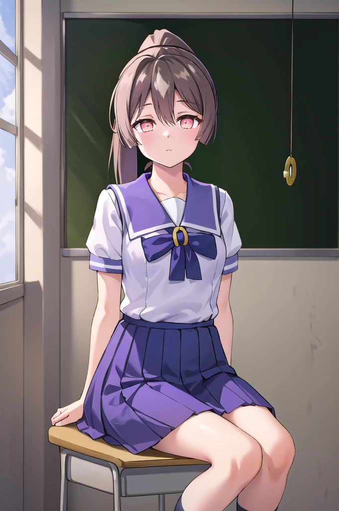 (Satono Diamond), (Tracen school uniform:1.5), (Purple Mini Skirt:1.5), ( ponytail:1.5), (masterpiece:1.2, Best Quality), 8k,  High Resolution ,  very detailed:1.3, (CG), (Beautiful face), (whole body:1.7), 1girl, (sitting chair), (coin on a string:1.5), (one pendulum:1.5), (Pendulum before her eyes.:1.5), (look at pendulum coin:1.5), (Arms between legs;1.7), (School classroom:1.4), (Open your mouth:1.2), (expressionless:1.5), (no pupils:1.5), (glowing eyes:1.5), ( half-closed eyes:1.5)