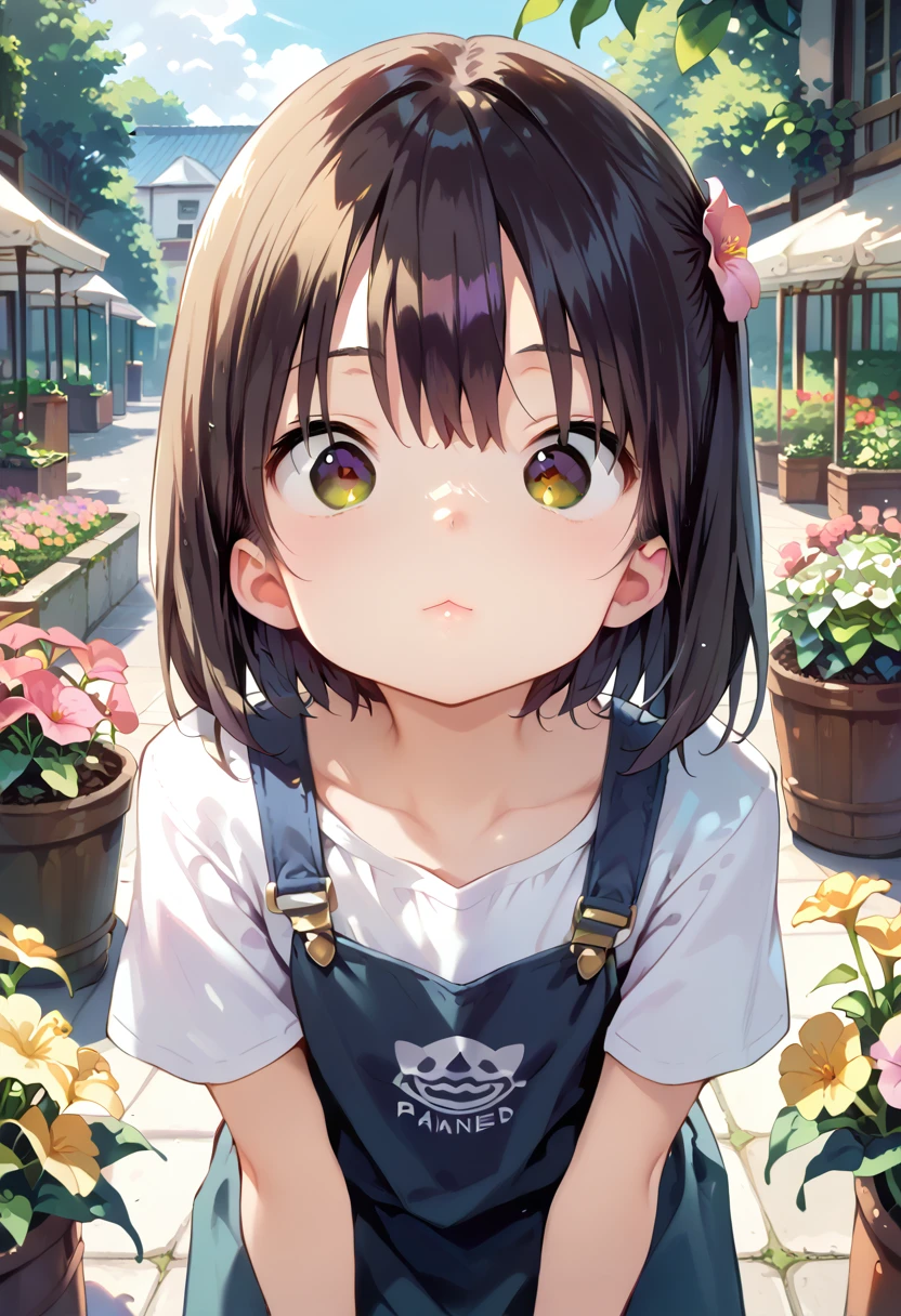  score_9,  score_8_up,  score_7_up, sauce_Anime, masterpiece, Absurd,  perfect face, Alone cute expression,  perfect face, Ponsuke P ,  1 girl, Alone, Black Hair,  dark brown eyes, Bright Eyes, Cleft lip, , cute, garden, day, flower.  