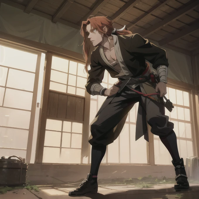 full body portrait of a masculine young man ((solo)) in shinobi dark clothes, character illustration , square jaw, with very long unruly red hair in a ponytail, with hazel yellow eyes, anatomically correct. elegant posing. Highly detailed, In shin-hanga style of Yoshida Hiroshi, cinematic, absurdres, masterpiece
