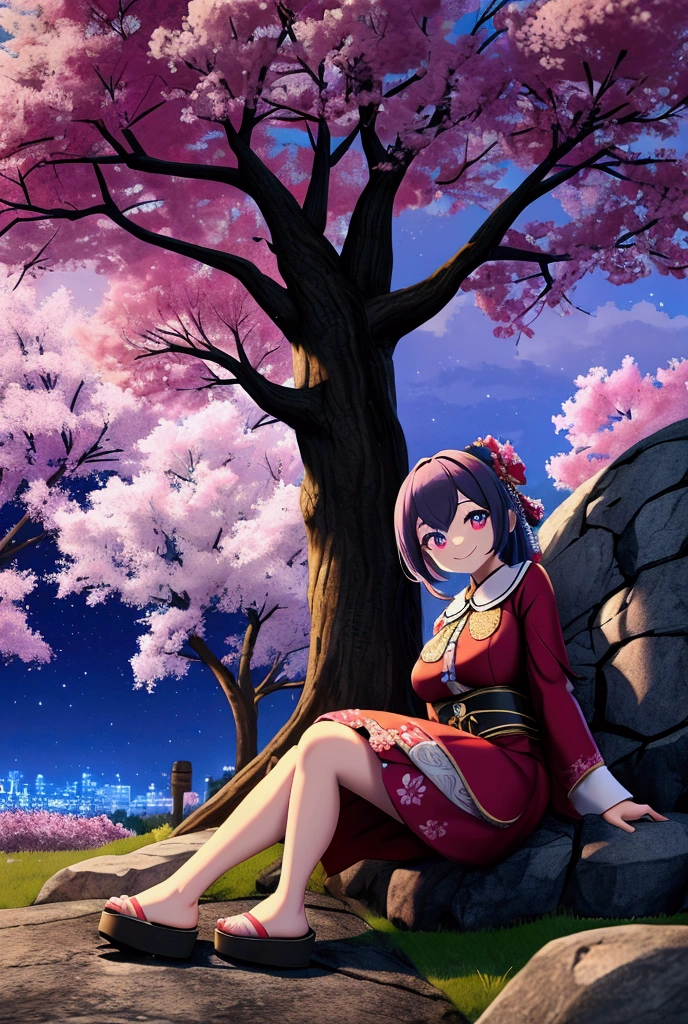 Sitting on a rock under a cherry tree at night with your eyes shining and a smile