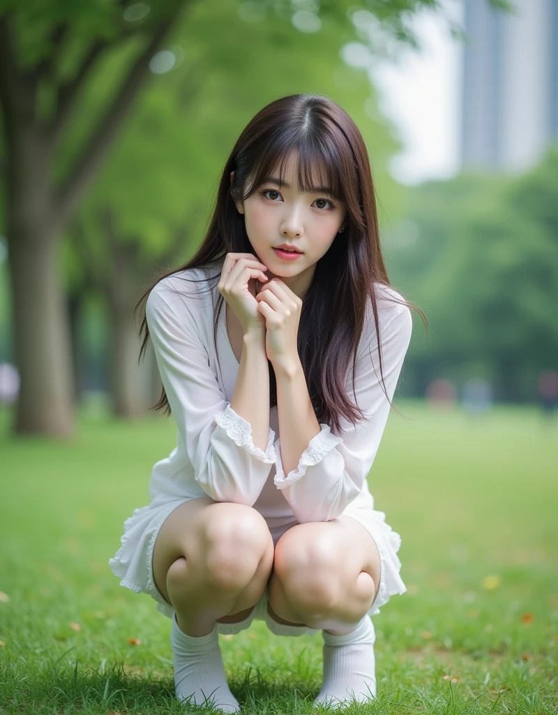 (NSFW:0.99)、a beauty girl, (Skirt lifting), looking in camera, Angle from below, Short skirt, Squatting, Shy smile, Japan school uniform , Beautiful skin, ((of the highest quality, 16 K, masutepiece: 1.3)), 1 girl, Light on Face, hyperdetailed face, very detailed lips, Detailed eyes、real looking skin、Panties with cute designs、Shaved、Variety of hairstyles、Uniforms of different colors、Dress naturally、Vans sneakers、Bite、Detailed panties
