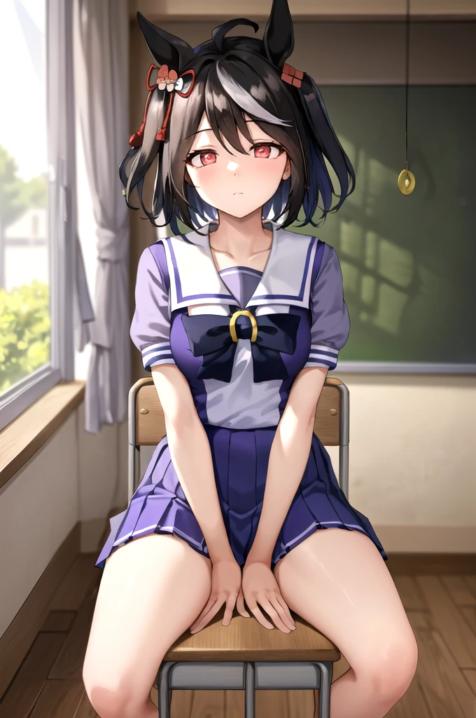 (Kitasan Black), (Tracen school uniform:1.5), (Purple Mini Skirt:1.5), (masterpiece:1.2, Best Quality), 8k,  High Resolution ,  very detailed:1.3, (CG), (Beautiful face), (whole body:1.7), 1girl, (sitting chair), (coin on a string:1.5), (one pendulum:1.5), (Pendulum before her eyes.:1.5), (look at pendulum coin:1.5), (Arms between legs;1.7), (School classroom:1.4), (Open your mouth:1.2), (expressionless:1.5), (no pupils:1.5), (glowing eyes:1.5), ( half-closed eyes:1.5), ( lace panties walking through the waiting room)