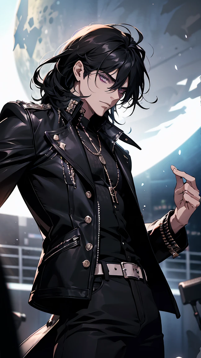  stands poised , rockstar-inspired stage costume. His long black hair is tousled with a rebellious flair, the slightly angled bangs adding to his untamed look. His deep purple eyes glow with an intense, charismatic energy. He wears a fitted black leather jacket, decorated with silver studs and chains that glint under the backstage lights, giving off a bold and daring vibe. Beneath the jacket, a distressed black shirt with torn edges adds a rougher touch. His slim-fitting black pants are made of sleek leather, allowing for powerful movement on stage. The softly lit dressing room, illuminated by faint moonlight, casts dramatic shadows, amplifying his commanding presence, as if he’s ready to take the stage and own the spotlight with raw energy,moon sky.
