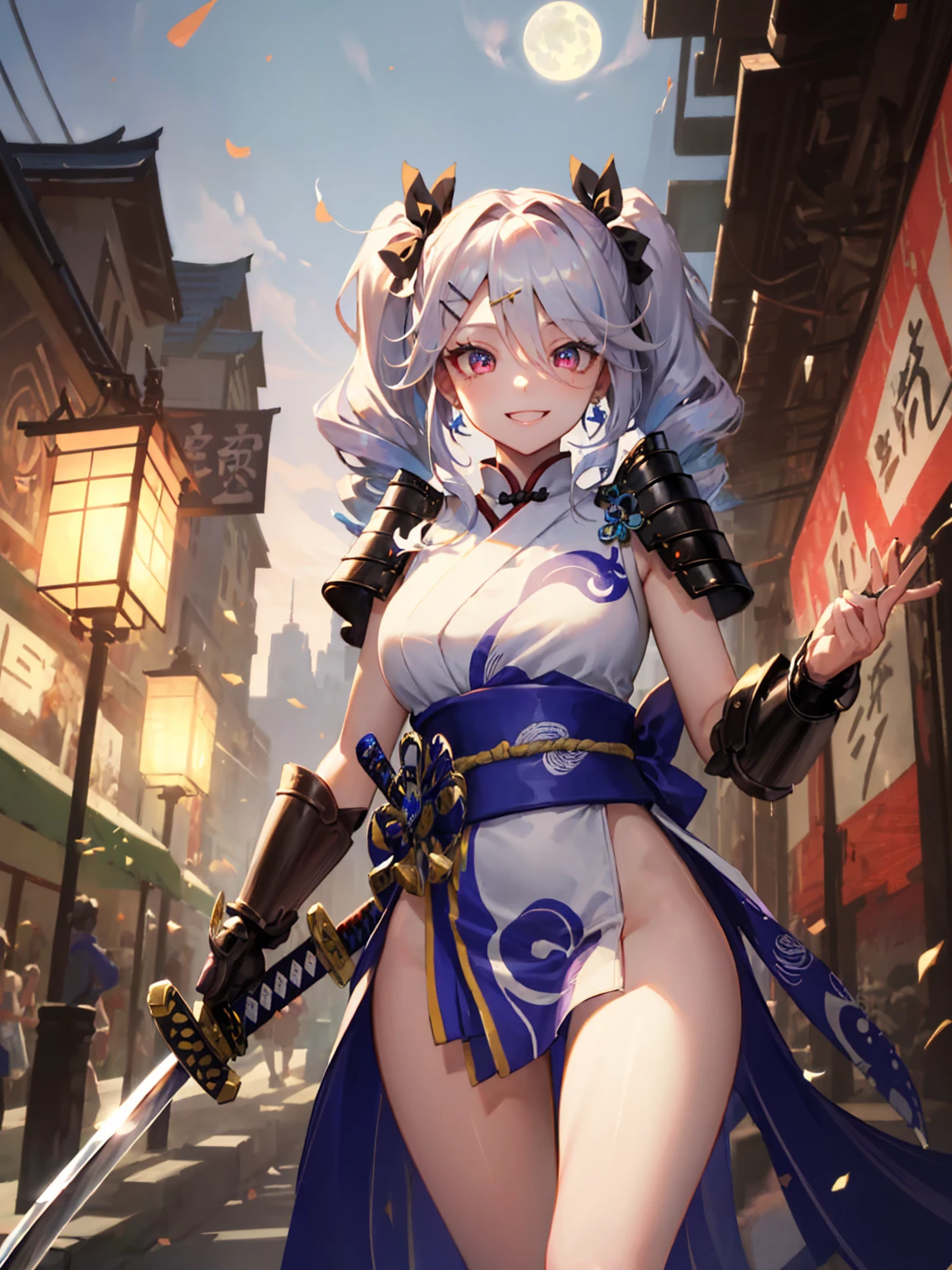 （holding a Japanese-style fan）、(red cat eyes)、Solo,Silver hair、(twin tail hair:1.5)、（ONI horns）、girl with horns、(SAMURAI),High Leg Armor、(((Japanese armor)))、(((Fishnet tights)))、cleavage、big breasts、 ferocious smile,open your mouth and laugh、fang、Japanese shrines、torii、sunset time