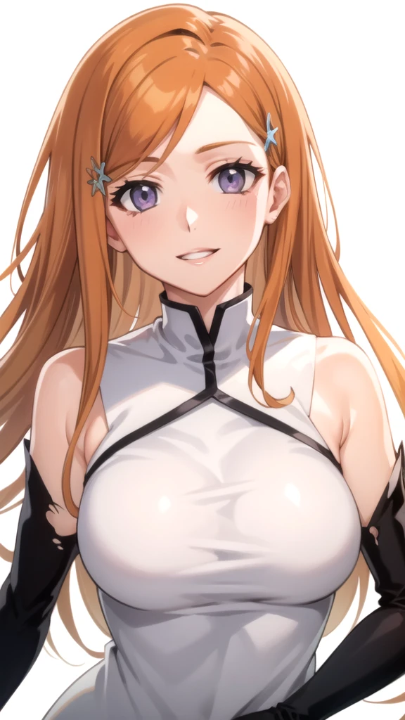 portrait, solo focus, solo, close-up, (white background, plain background, simple background:1.3), looking at viewer, (parted lips:1.2), (sunlight, bright, sunshine
:1.2)
eft_bleach_orihime, 1girl, inoue orihime, solo, long hair, orange hair, grey eyes, dress, breasts, detached sleeves, hair ornament, torn clothes, large breasts, white dress, bare shoulders, hairclip, purple eyes, smile, happy, from front,