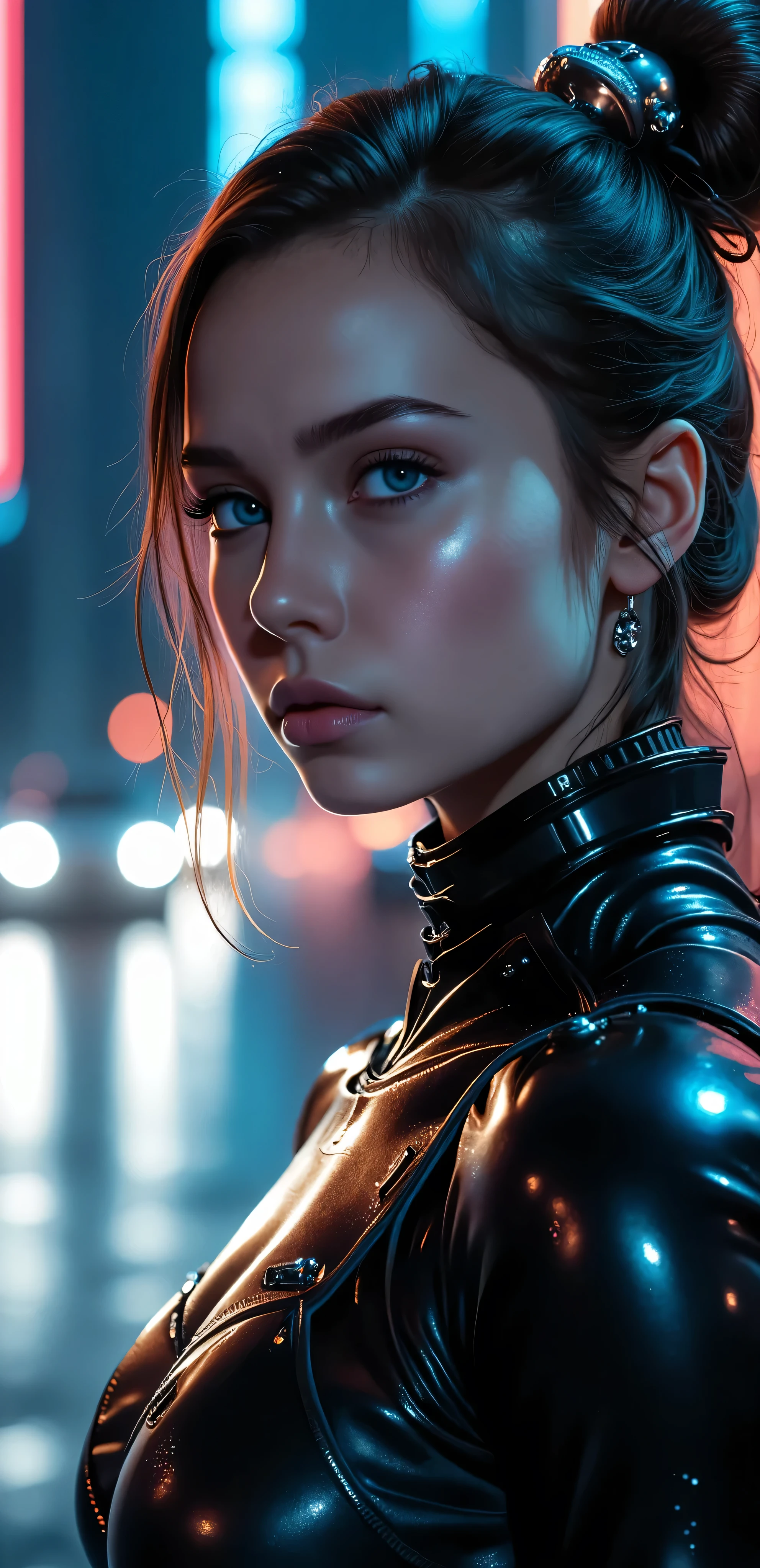 sfw,a futuristic sci-fi girl, cyberpunk, hyper detailed face, striking blue eyes, glossy synthetic skin, intricate robotic anatomy, glowing neon implants, complex machinery, dramatic lighting, neon city background, 8k, photorealistic, cinematic composition