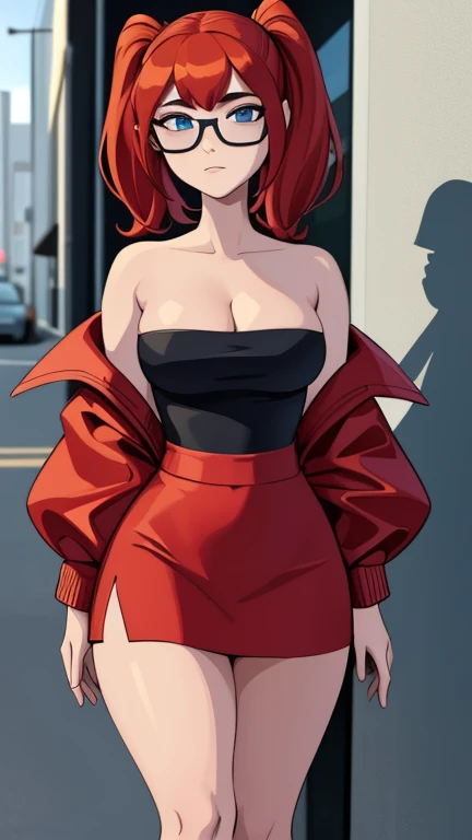 ((masterpiece, best quality)), (8k, best quality), (((best quality))), 1girl, solo, anime style, highly detailed and realistic, good anatomy, photorealistic rendering, a young woman with red pigtails and blue eyes, wearing an unbuttoned red jacket over a black dress, black gloves, and white thigh-high socks. Sunglasses rest on her head. Subtle movement in her hair and jacket, as if a gentle breeze passes by. She stands confidently on a concrete surface with soft shadows, creating a realistic urban setting. The background is simple and indoors with neutral colors. Emphasis on her stylish and modern look, capturing her confident posture, natural proportions, and intricate attire and accessories. Ultra high resolution, perfect anatomy, contemporary style, award-winning illustration, dramatic lighting, hyper-detailed clothing folds, vibrant colors, subtle shadows((masterpiece, best quality)), (8k, best quality), (((best quality))), MylesPrower, Miles Prower, ((good anatomy)), A highly detailed and realistic 3D model of a young woman standing confidently in front of an orange wall. She has red hair styled in pigtails and blue eyes. She is wearing an unbuttoned red jacket over a black dress, black gloves, and white thigh-high socks. She has a pair of sunglasses resting on her head. The model should include subtle movement in her hair and the fabric of her jacket, as if a gentle breeze were passing by. The scene is set on a concrete surface with shadows cast on the ground, providing a realistic urban setting. The background should be simple and indoors with neutral colors. The model should be photorealistic and highly detailed, showing the character's stylish and modern look. Make sure the model captures her confident posture and natural proportions, with special attention to detailed attire and accessories, score_9, score_8_up, score_7_up, score_6_up, score_5_up, score_4_up, ( anime_source ),  breasts supported by clothing, cleavage, collarbone, medium breasts, strapless,