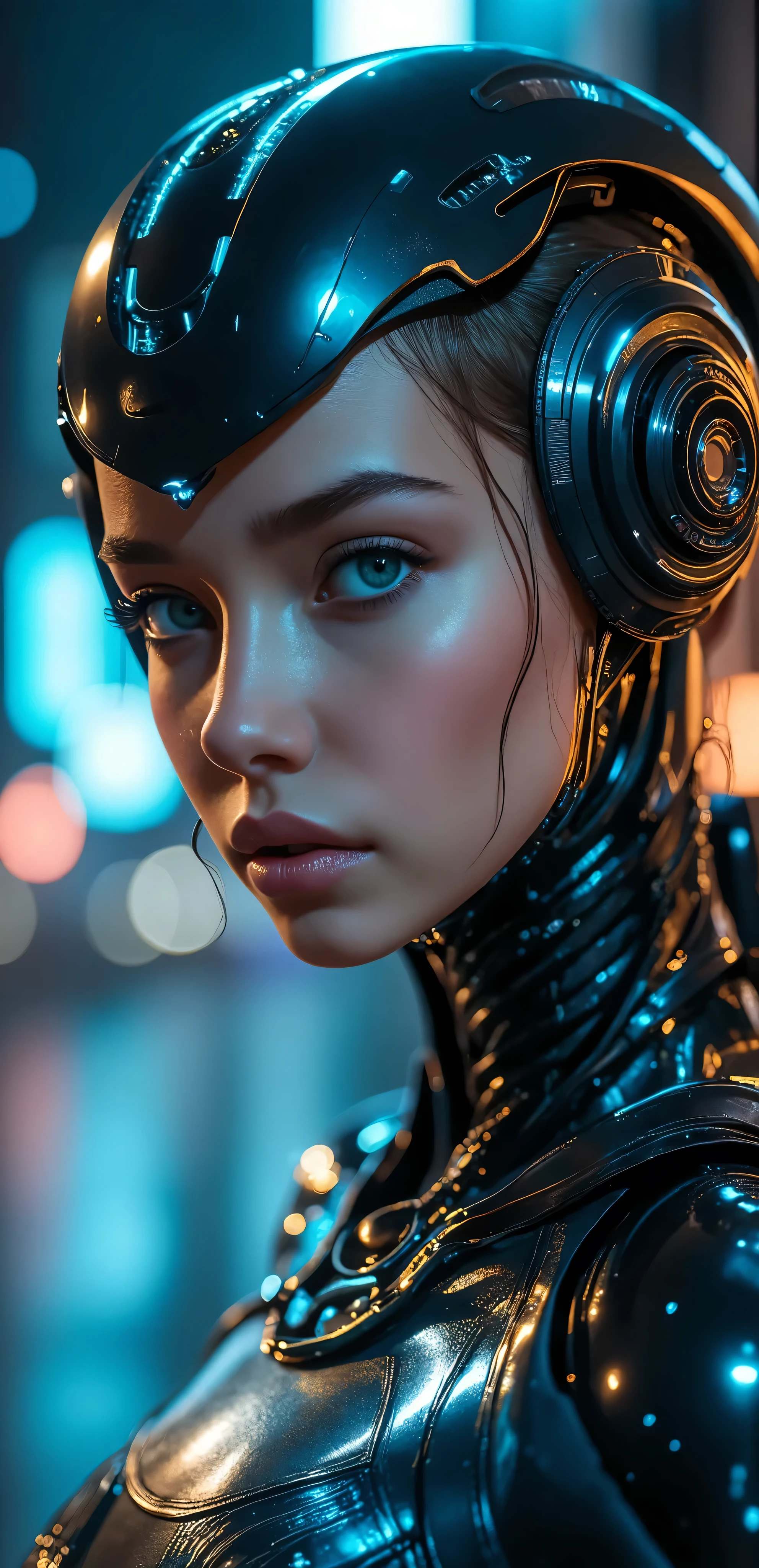 sfw,a futuristic sci-fi girl, cyberpunk, hyper detailed face, striking blue eyes, glossy synthetic skin, intricate robotic anatomy, glowing neon implants, complex machinery, dramatic lighting, neon city background, 8k, photorealistic, cinematic composition