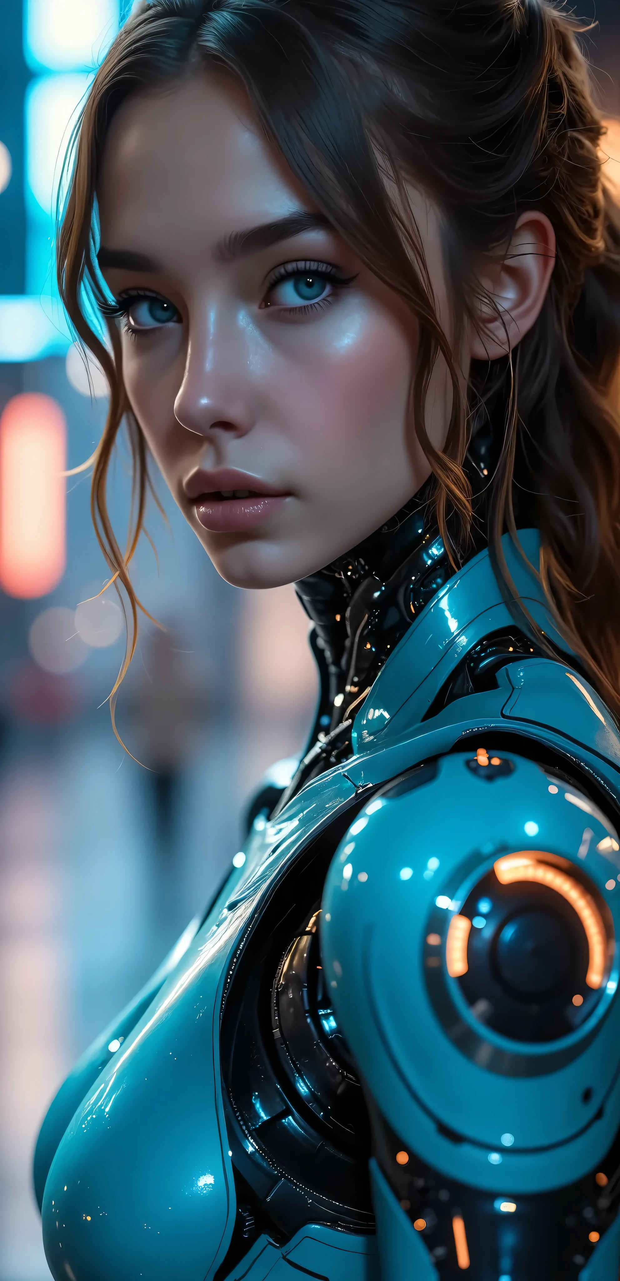 sfw,a futuristic sci-fi girl, cyberpunk, hyper detailed face, striking blue eyes, glossy synthetic skin, intricate robotic anatomy, glowing neon implants, complex machinery, dramatic lighting, neon city background, 8k, photorealistic, cinematic composition