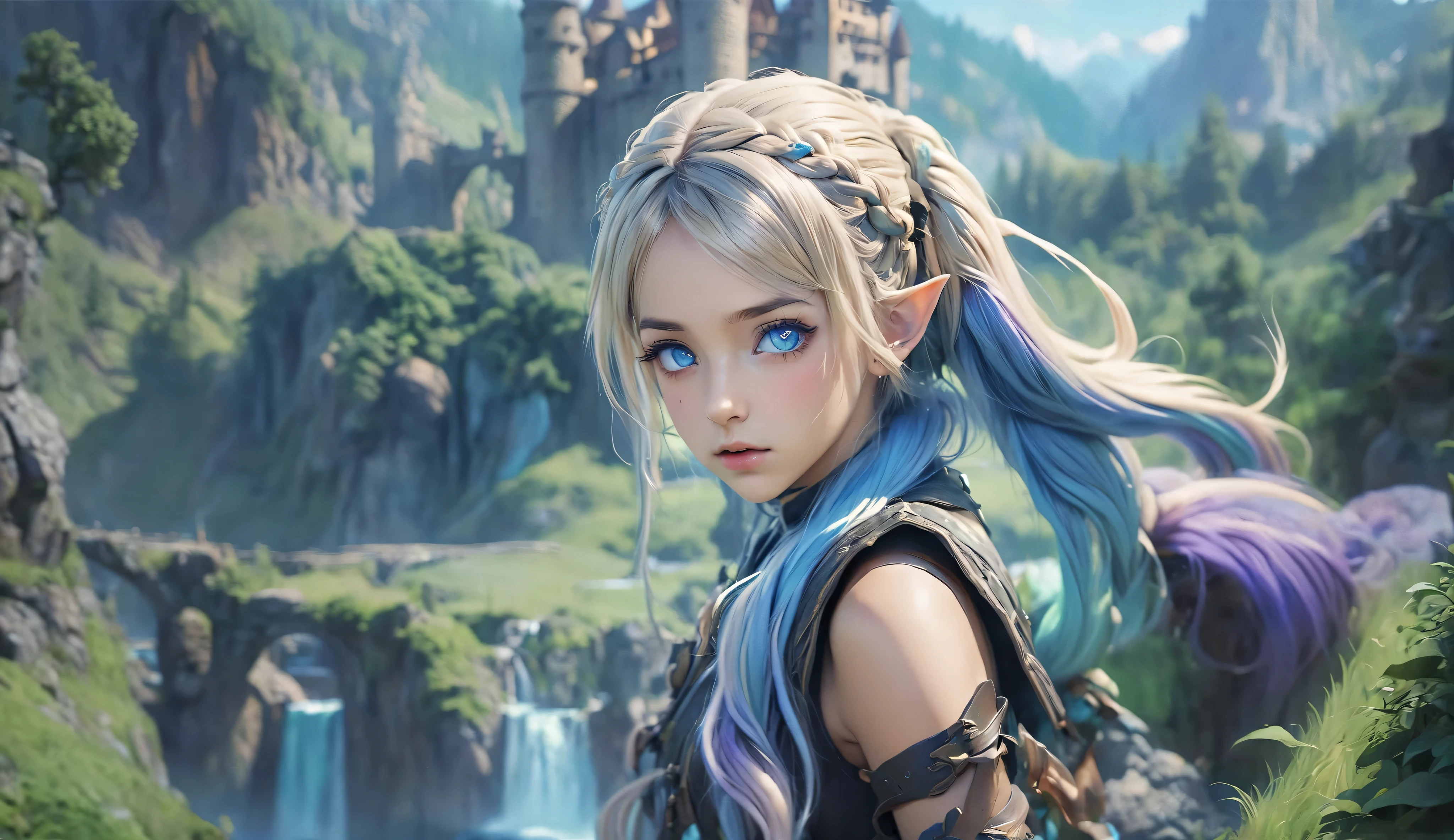 masterpiece, newest, absurdres, masterpiece, highly detailed, beautiful anime, lineart, realistic anime, semi realistic, extremely cute, ((very aesthetic, best quality, ultra detailed)), (perfect face, cute face, like face), fantasy background, extreme colors, Bavarian forest, mountainside, river, castle ruins, intricate details, colorful, ((dramatic lighting)), fantasy, young, girl, ((looking at viewer)), perfect face, ((torn clothes)), twinbraids, blonde, , elf girl, ponytail, sidelocks, pointy ears, sleeveless shirt, green thighhighs, black lips, mascara, Long eyelashes, dark elf, very long hair, multicolored hair, parody, braid, outdoors, messy hair, gradient hair, sleeveless, blue hair, twintails, hair ornament, looking back, bikini top only, tribal, loincloth, torn clothes, beads, hair beads, blue eyes, long hair, blonde hair