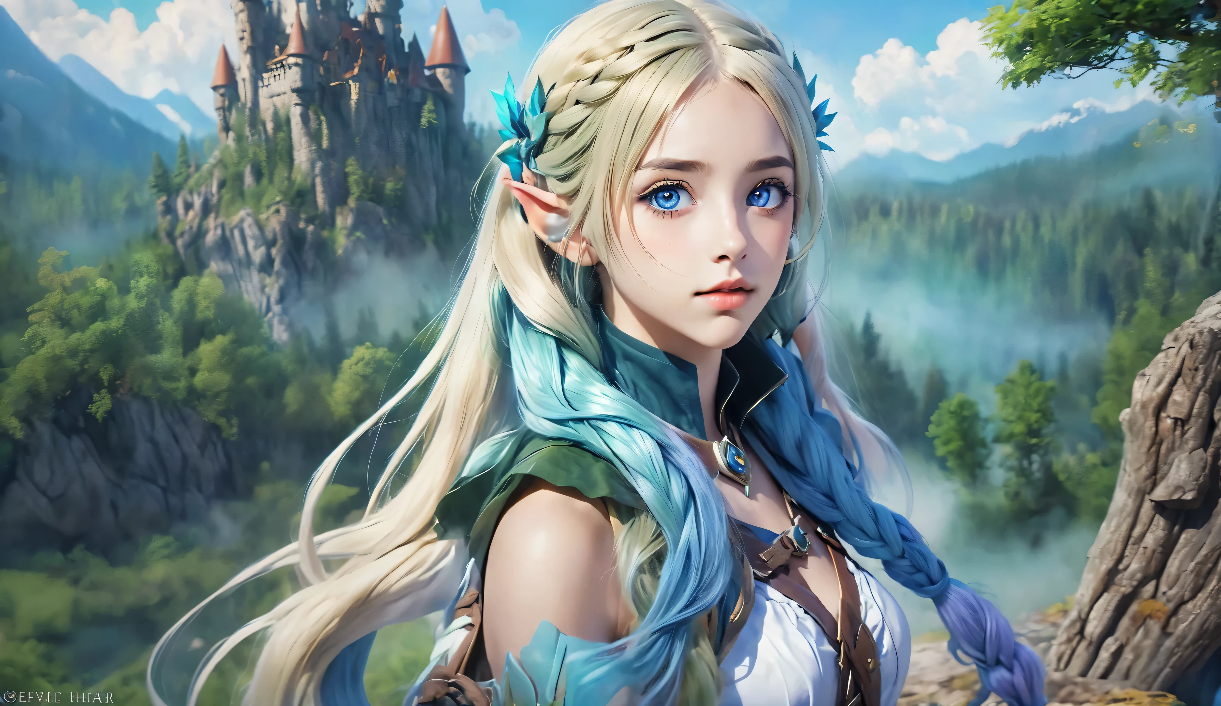 masterpiece, newest, absurdres, masterpiece, highly detailed, beautiful anime, lineart, realistic anime, semi realistic, extremely cute, ((very aesthetic, best quality, ultra detailed)), (perfect face, cute face, like face), fantasy background, extreme colors, Bavarian forest, mountainside, river, castle ruins, intricate details, colorful, ((dramatic lighting)), fantasy, young, girl, ((looking at viewer)), perfect face, ((torn clothes)), twinbraids, blonde, , elf girl, ponytail, sidelocks, pointy ears, sleeveless shirt, green thighhighs, black lips, mascara, Long eyelashes, dark elf, very long hair, multicolored hair, parody, braid, outdoors, messy hair, gradient hair, sleeveless, blue hair, twintails, hair ornament, looking back, bikini top only, tribal, loincloth, torn clothes, beads, hair beads, blue eyes, long hair, blonde hair