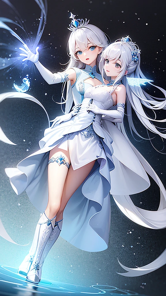 white girl, sparkling blue eyes, very long straight white hair with a fringe that covers the forehead, perfect body, 1.50 tall, 50kg, Japanese, wearing a white dress swirled to the knees and wearing a white high heels, white thigh socks, and ice sword from genshin Impact