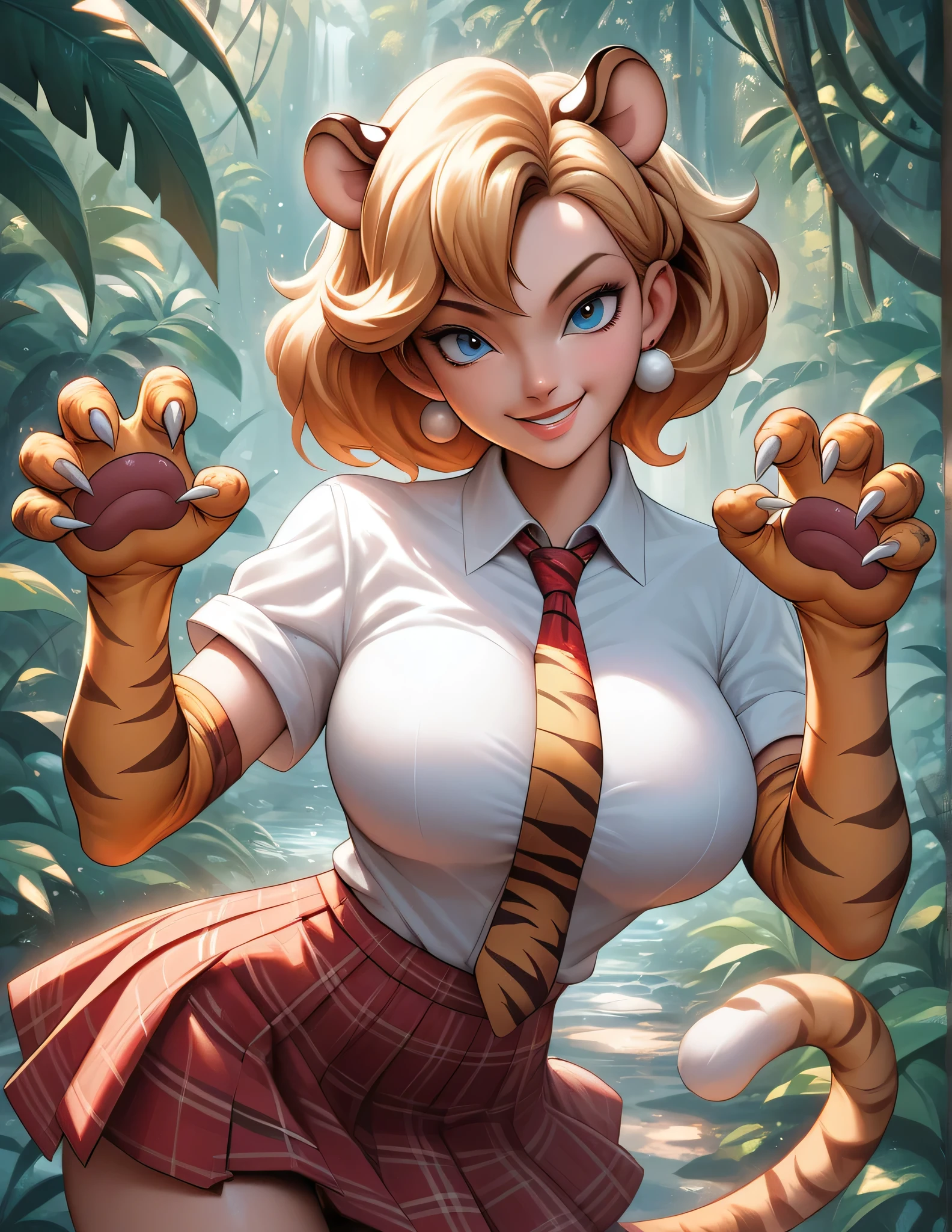 score_9, score_8_up, score_7_up, source_anime, solo, 1tiger furry, tiger disney style wearing long gown, tiger tail, smile, looking at you, standing, claw pose, animal ears, extra ears, tiger print, white shirt, collared shirt, wing collar, red necktie, plaid necktie, short sleeves, print gloves, elbow gloves, red skirt, plaid skirt, pleated skirt, print thighhighs, large breasts, outdoors, jungle