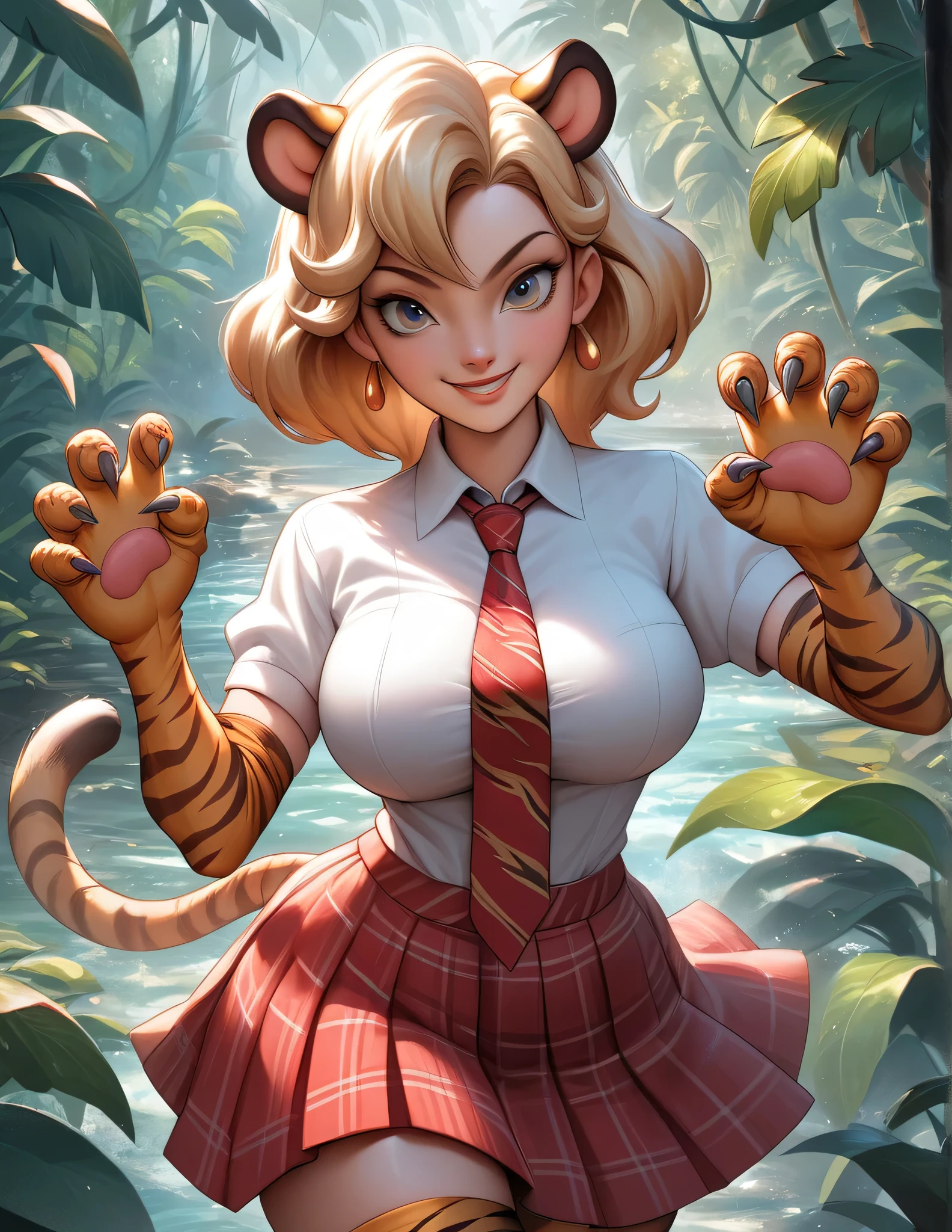 score_9, score_8_up, score_7_up, source_anime, solo, 1tiger furry, tiger disney style wearing long gown, tiger tail, smile, looking at you, standing, claw pose, animal ears, extra ears, tiger print, white shirt, collared shirt, wing collar, red necktie, plaid necktie, short sleeves, print gloves, elbow gloves, red skirt, plaid skirt, pleated skirt, print thighhighs, large breasts, outdoors, jungle