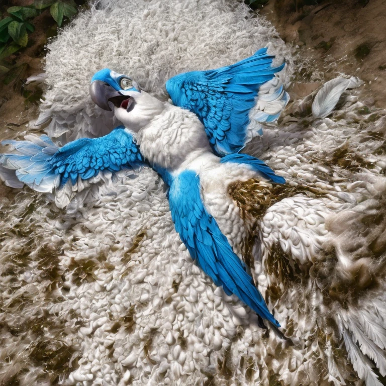 photorealistic, solo, (((( Mimi a female Spix macaw, Blue feathers, avian, feral, hyper excessive anal white feces, screaming)))), hyper realistic, cinematic colors, cinematic lighting, incredible detail, 16k resolution, award winning photography, ((((feral, lying on back)))), ((((anal white feces, white scat, excessive white feces))))