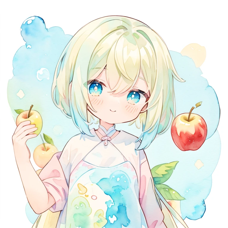 pastel colours:1.5)、(cute illustration:1.5)、(watercolor paiting:1.2)、light blue background、Girl with、Esbian for the whole body、ssmile、stranger、Pale yellow throughout the body、My、Marble、colourful、jelly、an apple、Apple slicing、Uncut blonde hair、Cyan eyes、apple pie、a little mint