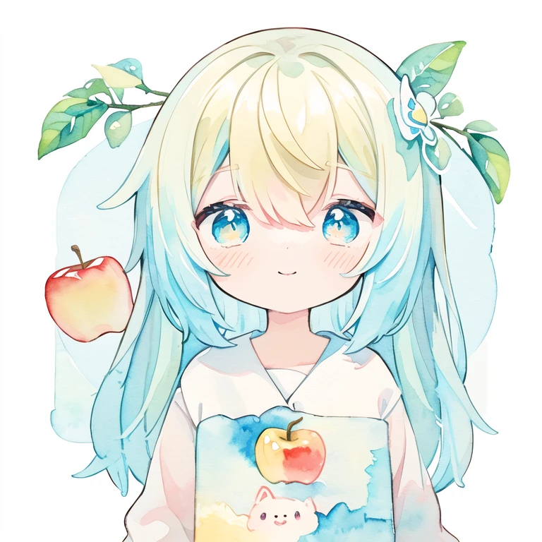 pastel colours:1.5)、(cute illustration:1.5)、(watercolor paiting:1.2)、light blue background、Girl with、Esbian for the whole body、ssmile、stranger、Pale yellow throughout the body、My、Marble、colourful、jelly、an apple、Apple slicing、Uncut blonde hair、Cyan eyes、apple pie、a little mint