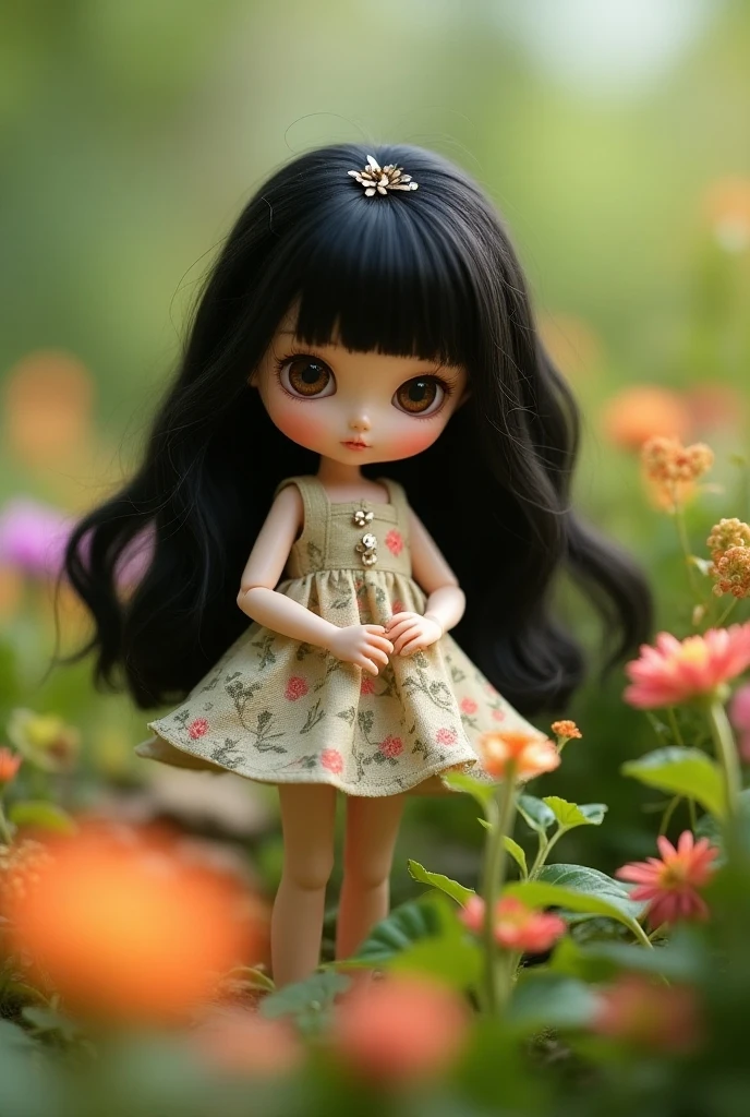 blythe doll with black slanted eyes, short wavy tomboy style black hair, let it be white skin