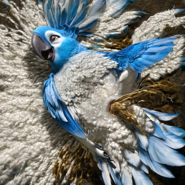 photorealistic, solo, (((( Mimi a female Spix macaw, Blue feathers, avian, feral, hyper excessive anal white feces, screaming)))), hyper realistic, cinematic colors, cinematic lighting, incredible detail, 16k resolution, award winning photography, ((((feral, lying on back, legs up)))), ((((anal white feces, white scat, excessive white feces))))