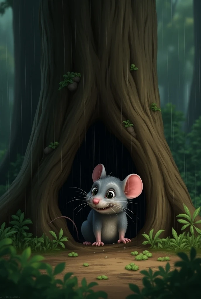 Image Prompt: The mouse finding a small hole in the trunk of a sturdy tree, looking relieved and safe, while rain pours down around