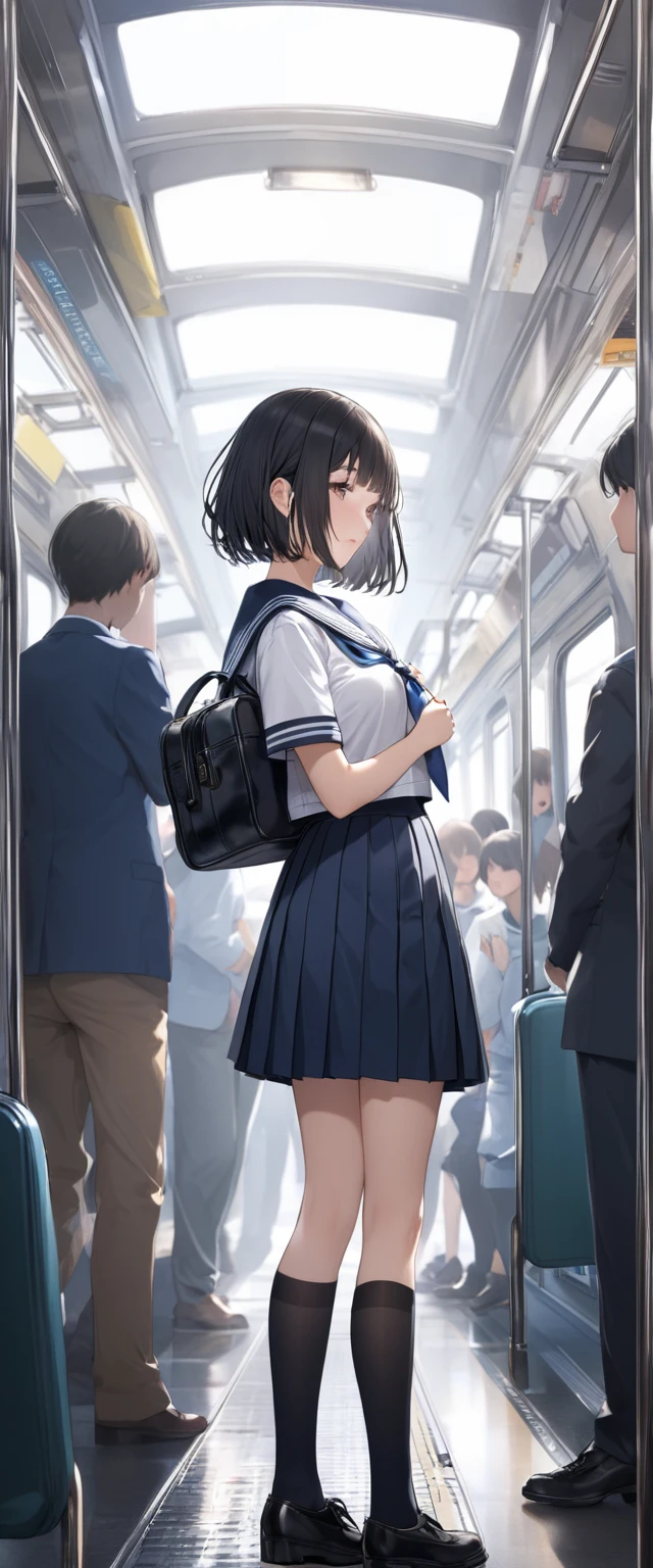 One Woman、crowd、Station platform、beautiful girl、Sailor suit、Pleated skirt、Hold a school bag with both hands、Age: 18、Bob Cut Hair, Highest quality, body type、Small 、Small ass、Black Hair,The train is coming、Black knee-high socks、Cowboy Shot、Ultra-fine images、Skirt flips、panties