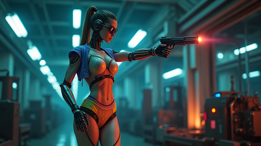 (((aerial view))), Blade Runner style futuristic railway platform, hi-tech train, neon lights, rainy night. (1girl, solo, alone), large-breast:1.2 slim body, cleavage:1.1, sexy lingerie with wet jacket, headphone, (black sunglasses), (((she raised a pistol:1.8 and shot:1.8 the viewer))), dynamic pose, (((half-body thigh level medium shot))), cinematic lighting, lens flare, ray tracing, blurred:1.4 background.