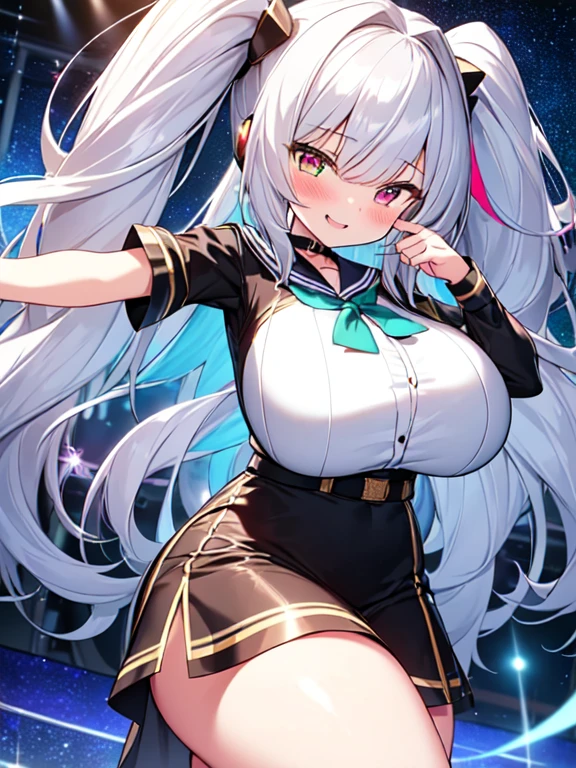 ((1girl),(ite)), ((from below),(with a microphone,finger pointing,reaching out)), (masterpiece,best quality,high-resolution,detailed fingers,detailed hands,detailed eyes,detailed legs:1.5), ((seductive smile, (blush)), (heterochromia,red eye,green eye),(white and silver hair, very long hair, twin tails,shiny hair:1.3), (headset), (sailor dress),Holographic color outfit), ((huge breasts),(beautiful breasts,curvy)), ((Late Night),stage,Seven-color spotlight,Starry Sky)