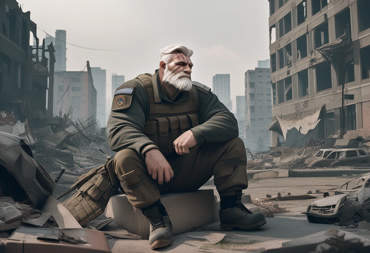 extremely detailed, detailed face, detailed eyes, detailed muscle, (view full body), ((1man)), (object (big muscular old man soldier sitting resting in the ruins of the building)), the old man is soldier and (wearing soldier uniform), old man (facial hair, beaded, white beard, battel scar face, short hair, white hair, strong character, strong muscle), (background ((waster land, post-apocalypse, ruined city))),  (photography (50mm lens, cinematic, cinematic color)), look from far