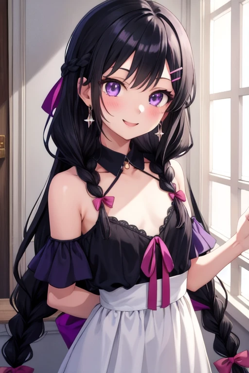  1 girl, Long hair, Black hair, Small double braids, chest, Crystal earrings, Purple eyes, smile, Hair Ribbon, Hair clip, Anime, สไตล์Anime, Glittering light,  masterpiece , 