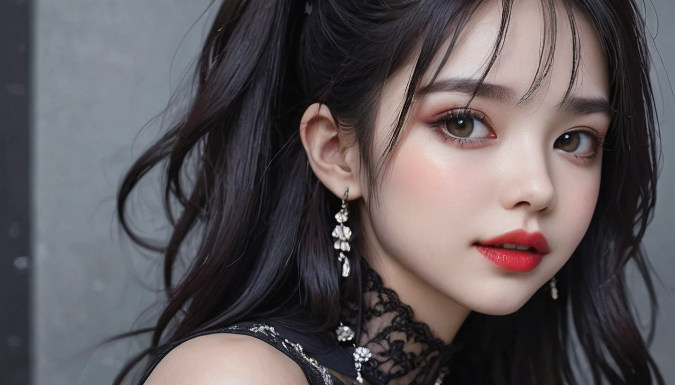 8K,  ultra high resolution,  HIGHEST QUALITY , masterpiece,  surrealistic ,  photo ,  1 girl at home, (18 years old:1.3),  pretty girl, Cute face, 每个细节都beauty的眼睛, 細かく detailedに, Gothic,Solo Girl,Back alleys in heavy rain,goth girl ,earrings,Gothic式慢节奏翻拍,Gothic式连衣裙,(Shiny golden brown hair ,Short Ponytail),(Princess face composition,Big eyes,Pointed Mouth,Red lipstick,Cute round face, a happy smile ,blush with embarrassment,blush,),(8K quality,desktop, HIGHEST QUALITY , ultra high resolution出力image,), intricate detail ,(非常に detailedな生の全身 photo :1.3),(Picture Mode Ultra HD),、Through 、View audience、beauty,Long Neck、Smile、 Please close your mouth and laugh 、((( ideal body proportions ))),A cup small breasts :2,、image:2、  perfect anatomy 、Vivid details、 detailed、 surrealistic 、Light and Shadow,glare,Fashion magazine cover,Thin lips