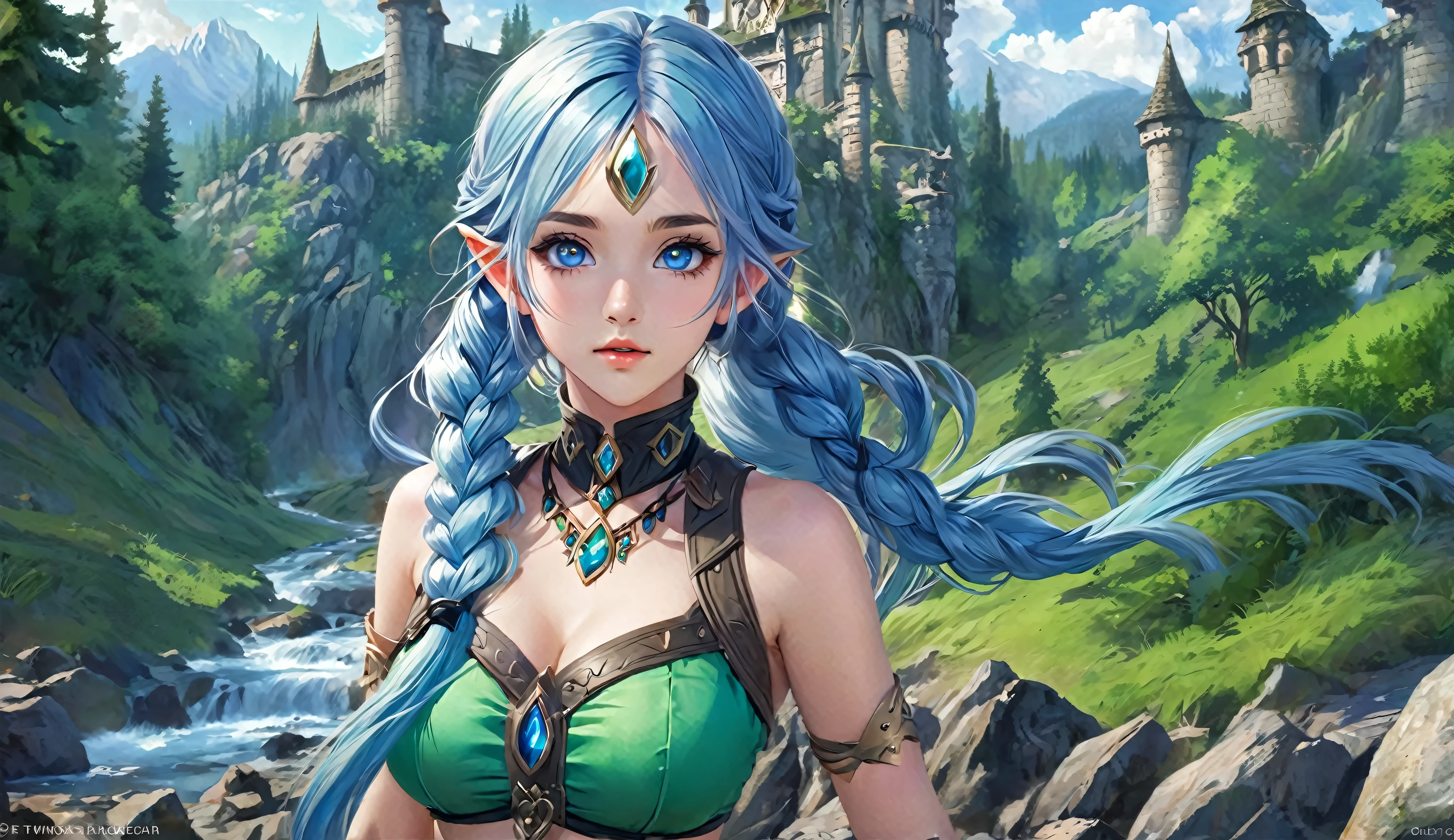 masterpiece, newest, absurdres, masterpiece, highly detailed, beautiful anime, lineart, realistic anime, semi realistic, extremely cute, ((very aesthetic, best quality, ultra detailed)), (perfect face, cute face, like face), fantasy background, extreme colors, Bavarian forest, mountainside, river, castle ruins, intricate details, colorful, ((dramatic lighting)), fantasy, young, girl, ((looking at viewer)), perfect face, ((torn clothes)), twinbraids, blonde, , elf girl, ponytail, sidelocks, pointy ears, sleeveless shirt, green thighhighs, swimsuit, cleavage, black lips, mascara, Long eyelashes, dark elf, very long hair, multicolored hair, parody, braid, outdoors, messy hair, gradient hair, sleeveless, blue hair, twintails, hair ornament, bikini top only, tribal, loincloth, torn clothes, beads, hair beads, blue eyes, long hair, blonde hair