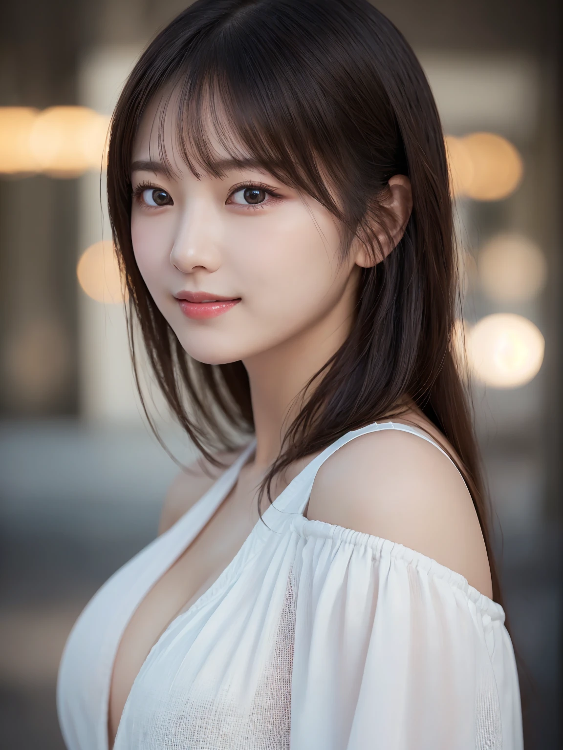 Complex and beautiful eyes、(stand up : 1.4)、Feminine black hair、(Delicate and realistic hair、1 bottle１Realistic hair)、bangs、 Natural Colored Lips 、smile、((White interior))、Wall、((18-year-old female:1.2))、Young and adorable Japanese face, Official Art，Highly detailed CG Unity 8k wallpaper，（masterpiece:1.0),(Best Quality:1.0), 超 High Resolution ,4K, very detailed, photo shoot, 8k, NFFSW,  High Resolution ,  Kodak Portrait 400, Film Grain, Lens flare glow,高いest quality,8k,NFFSW:1.2), portrait shot,8k、 viewer, (((Front View))), (((Front View))), ((Facing))、Body facing forward、Bold cleavage、(Firm breasts : 1.5)、(Small face : 1.5), Highest quality、Super beautiful images、smile, yellow race、(Shoulder to head  : 1.9)、(Focus on the head and face : 1.3)