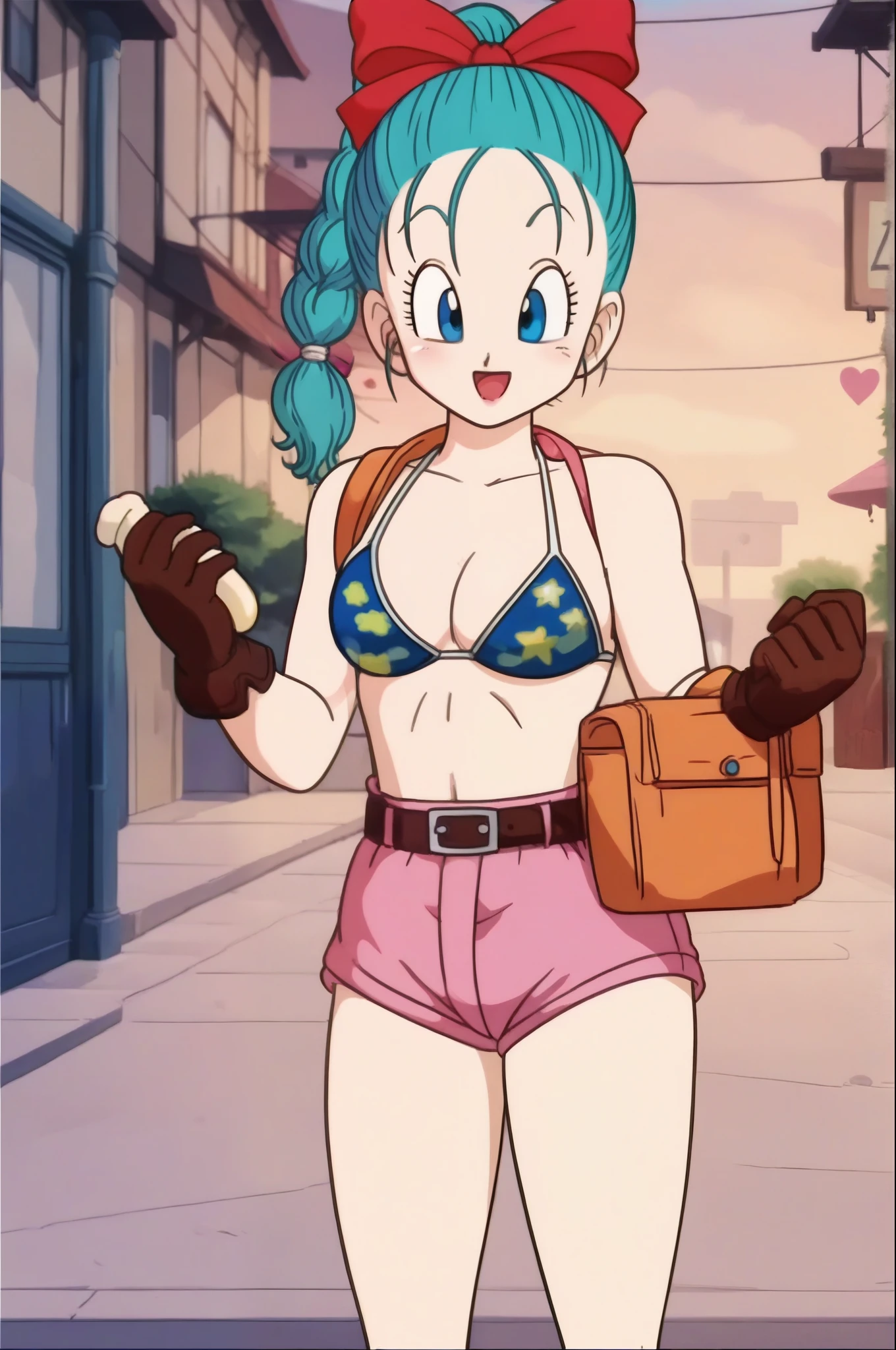 sauce_Anime,  score_9,  score_8_up,  score_7_up, Anime screencap, 
 Bloomers \( Dragon Ball\),  1 girl, Alone, smile,  in the pub, blue eyes, gloves, ribbon, Aqua Hair,  braided ponytail,  Hair Ribbon,  braid, :d, Outdoor, null, day, belt, Character Name,, 1990s \(style\), do, 官能的なbikini, And a sensual pose 、 swimsuit、bikini