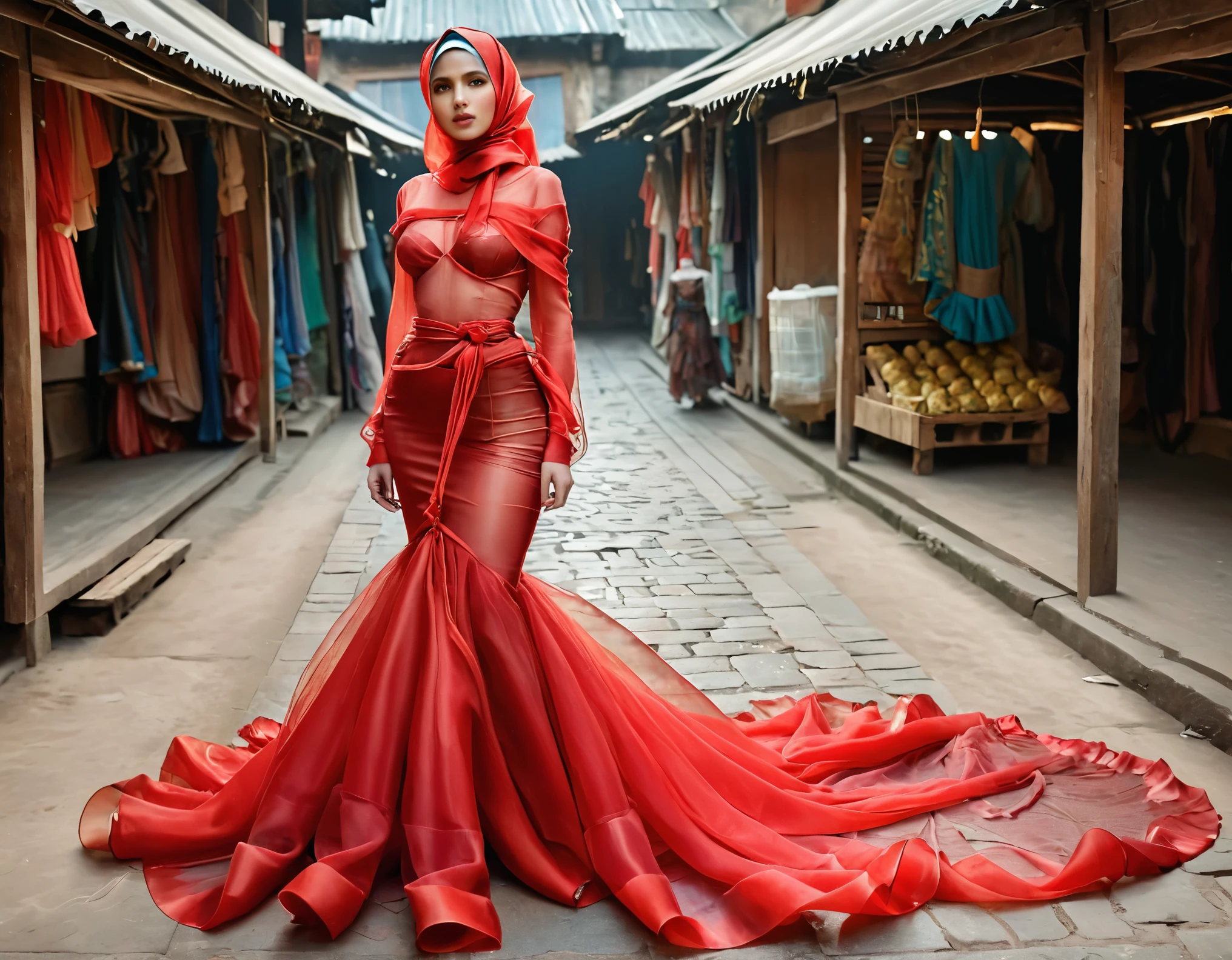 A woman shrouded in 9 meters of red transparent silk organza, tight wrapped from the waist to the thighs and mermaid shape on the bottom of dress, tied tightly and magnificently draped along her body shape, 9 meter long flowing dress tail on the floor, strugle to handle her dress,styled in mermaid inspired clothing, her head is simply veiled in a satin hijab, 185cm tall woman, standing in traditional market, full body pose conveying an elegant impression, caught on camera in resolution 4k, very realistic