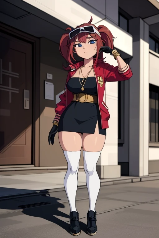 ((masterpiece, best quality)), (8k, best quality), (((best quality))), 1girl, solo, anime style, highly detailed and realistic, good anatomy, photorealistic rendering, a young woman with red pigtails and blue eyes, wearing an unbuttoned red jacket over a black dress, black gloves, and white thigh-high socks. Sunglasses rest on her head. Subtle movement in her hair and jacket, as if a gentle breeze passes by. She stands confidently on a concrete surface with soft shadows, creating a realistic urban setting. The background is simple and indoors with neutral colors. Emphasis on her stylish and modern look, capturing her confident posture, natural proportions, and intricate attire and accessories. Ultra high resolution, perfect anatomy, contemporary style, award-winning illustration, dramatic lighting, hyper-detailed clothing folds, vibrant colors, subtle shadows, score_9, score_8_up, score_7_up, score_6_up, score_5_up, score_4_up, (anime_source)