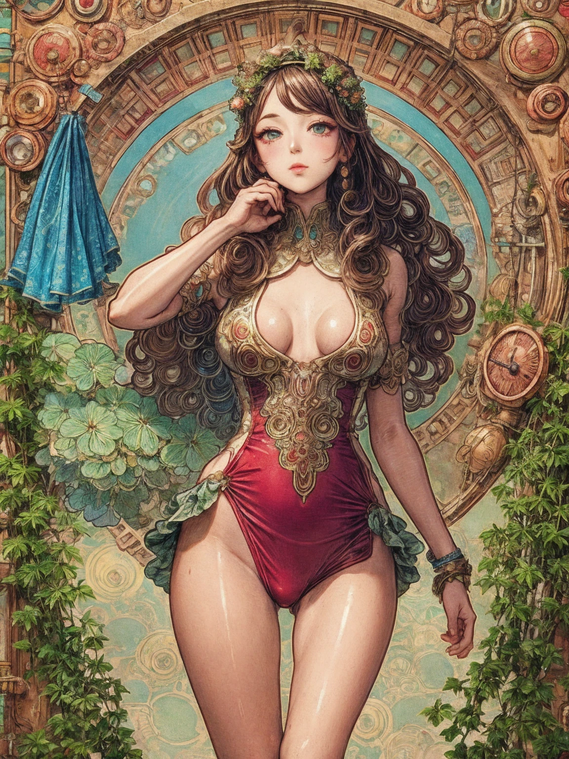 a beautiful attractive woman in body stocking suit, micro T-string ,Rococo art background, intricate chain jewelry suspenders, beautiful round breast, large breasts, chest press together ,medium long shot ,elegance pose, Intricate designs and patterns in the style of Alphonse Mucha.from behind ,Art Nouveau water color painting flowery background