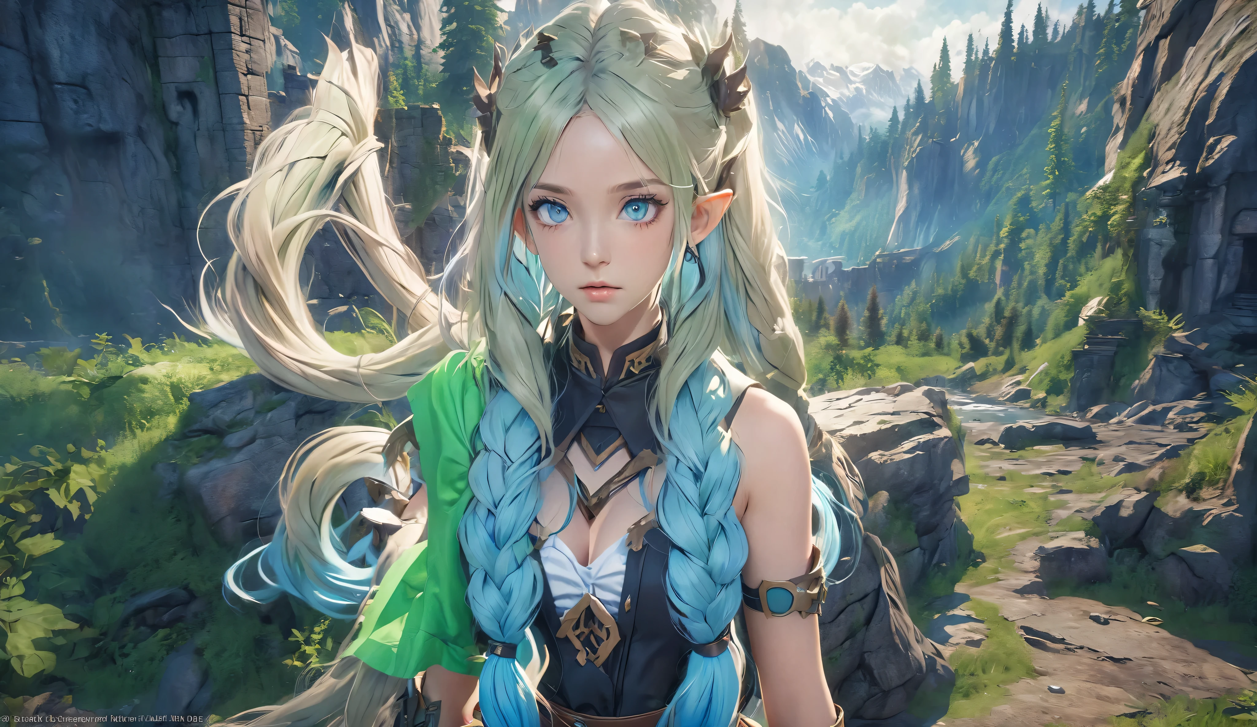 masterpiece, newest, absurdres, masterpiece, highly detailed, beautiful anime, lineart, realistic anime, semi realistic, extremely cute, ((very aesthetic, best quality, ultra detailed)), (perfect face, cute face, like face), fantasy background, extreme colors, Bavarian forest, mountainside, river, castle ruins, intricate details, colorful, ((dramatic lighting)), fantasy, young, girl, ((looking at viewer)), perfect face, ((torn clothes)), twinbraids, blonde, , elf girl, ponytail, sidelocks, pointy ears, sleeveless shirt, green thighhighs, black lips, mascara, Long eyelashes, dark elf, very long hair, multicolored hair, parody, braid, outdoors, messy hair, gradient hair, sleeveless, blue hair, twintails, hair ornament, looking back, bikini top only, tribal, loincloth, torn clothes, beads, hair beads, blue eyes, long hair, blonde hair