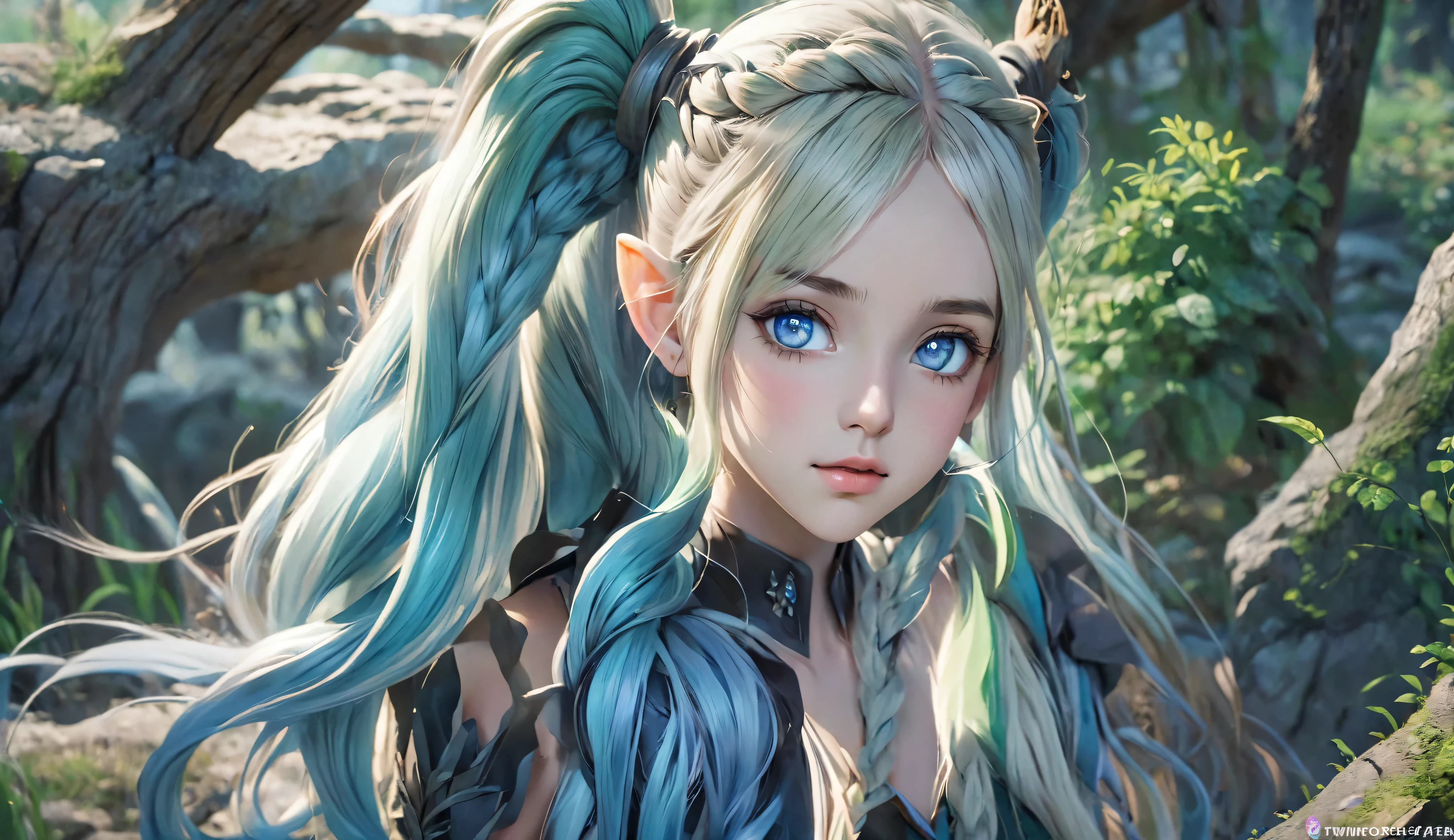 masterpiece, newest, absurdres, masterpiece, highly detailed, beautiful anime, lineart, realistic anime, semi realistic, extremely cute, ((very aesthetic, best quality, ultra detailed)), (perfect face, cute face, like face), fantasy background, extreme colors, Bavarian forest, mountainside, river, castle ruins, intricate details, colorful, ((dramatic lighting)), fantasy, young, girl, ((looking at viewer)), perfect face, ((torn clothes)), twinbraids, blonde, , elf girl, ponytail, sidelocks, pointy ears, sleeveless shirt, green thighhighs, black lips, mascara, Long eyelashes, dark elf, very long hair, multicolored hair, parody, braid, outdoors, messy hair, gradient hair, sleeveless, blue hair, twintails, hair ornament, looking back, bikini top only, tribal, loincloth, torn clothes, beads, hair beads, blue eyes, long hair, blonde hair