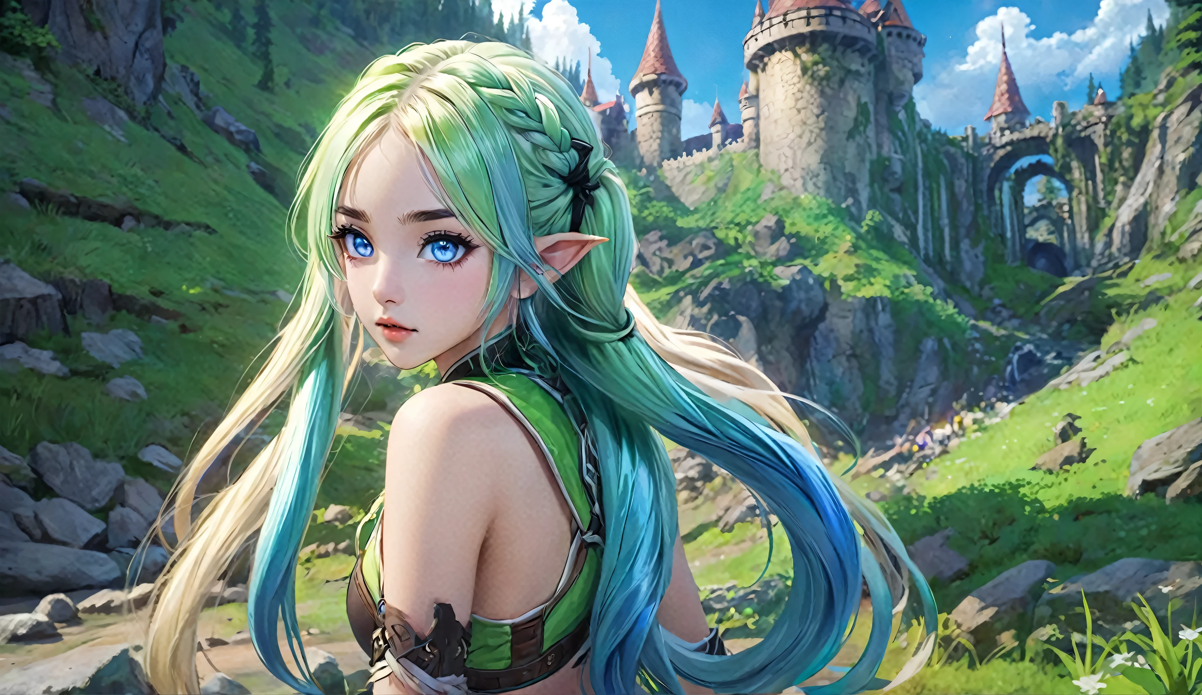 masterpiece, newest, absurdres, masterpiece, highly detailed, beautiful anime, lineart, realistic anime, semi realistic, extremely cute, ((very aesthetic, best quality, ultra detailed)), (perfect face, cute face, like face), fantasy background, extreme colors, Bavarian forest, mountainside, river, castle ruins, intricate details, colorful, ((dramatic lighting)), fantasy, young, girl, ((looking at viewer)), perfect face, ((torn clothes)), twinbraids, blonde, , elf girl, ponytail, sidelocks, pointy ears, sleeveless shirt, green thighhighs, swimsuit, cleavage, black lips, mascara, Long eyelashes, dark elf, very long hair, multicolored hair, parody, braid, outdoors, messy hair, gradient hair, sleeveless, blue hair, twintails, hair ornament, bikini top only, tribal, loincloth, torn clothes, beads, hair beads, blue eyes, long hair, blonde hair