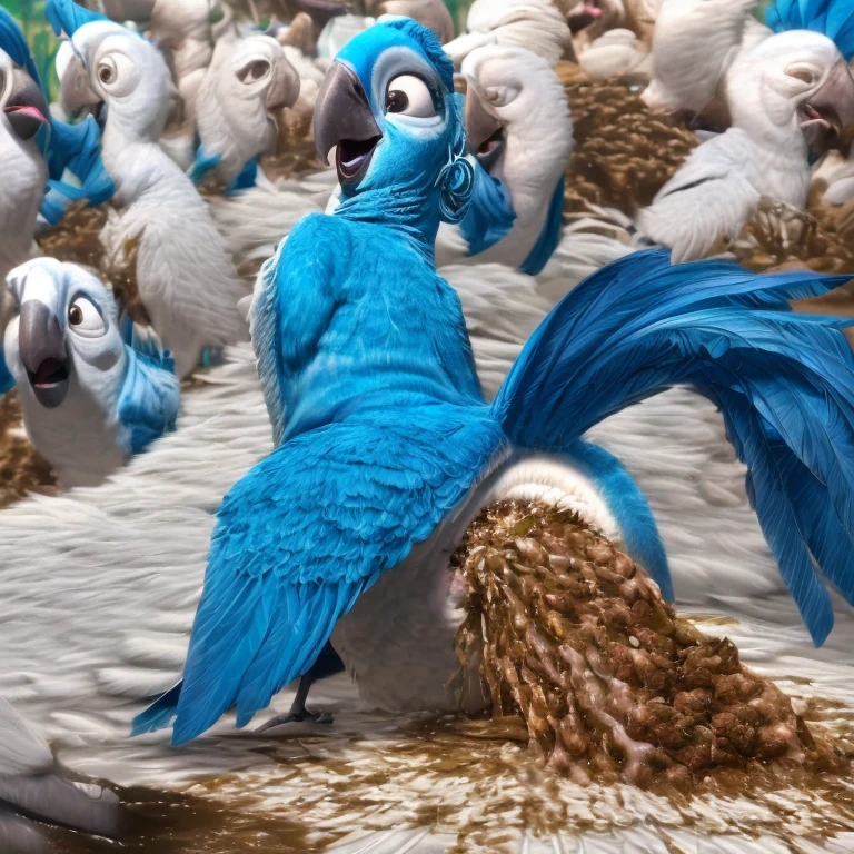 photorealistic, solo, (((( Mimi a female Spix macaw, Blue feathers, avian, feral, hyper excessive anal white feces, screaming)))), hyper realistic, cinematic colors, cinematic lighting, incredible detail, 16k resolution, award winning photography, ((((feral, rear view)))), ((((anal white feces, white scat, excessive white feces))))