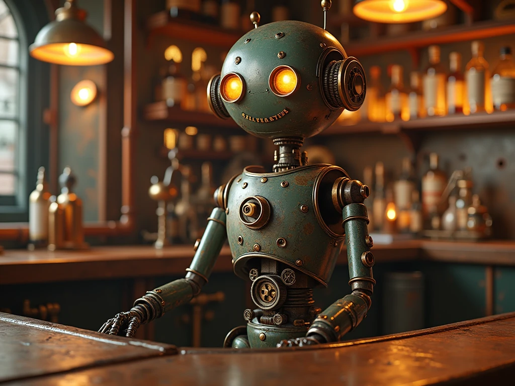 steampunk world, steampunk style bar, A bar with a steampunk counter, tin toy style robot bartender, high details, super detail, award winning, high quality