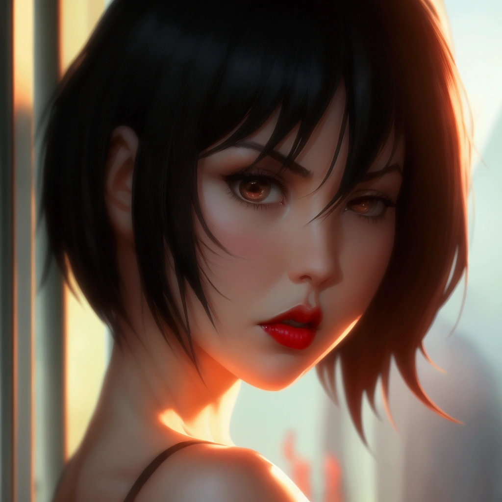 1 girl,  High resolution,  short hair,  black hair , foreshortening,  masterpiece,  the best quality,  tall details , HD model, big breasts, angry,  red lips, Annoying, Reflection light, 3D rendering, 