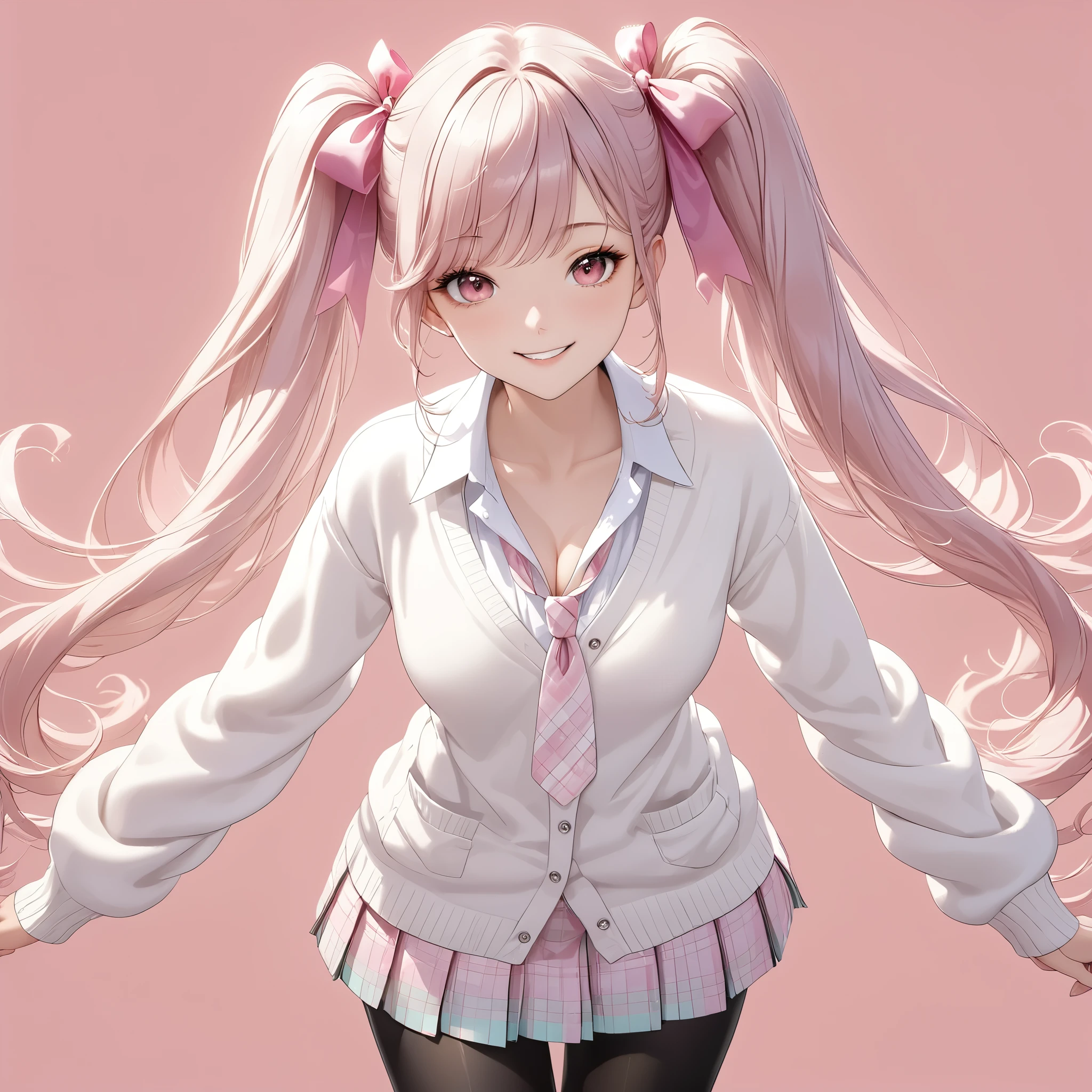 (8K, masutepiece, Best Quality, Official art, beautiful detailed, beautiful lighting, best masterpiece in history that exceeds limits), (1 Girl, Solo), (sixteen years old), (beautiful detailed face), (shiny white skin), (Beautiful big bust, cleavage, thighs:1.3), (beautiful detailed pink twin tails hair, Bangs:1.3), (beautiful detailed drooping pink eyes:1.5), (high school uniform:1.3), (white loose long length cardigan, overly long sleeves, open collar white shirt, pastel pink plaid pattern pleated skirt, patsel pink ribbon tie:1.3), (black_legwear, zettai_ryouiki, thigh_gap:1.2), (happy smile:1.2), (Attractive, sensational, look at viewer:1.3), (simple white plain background:1.5),