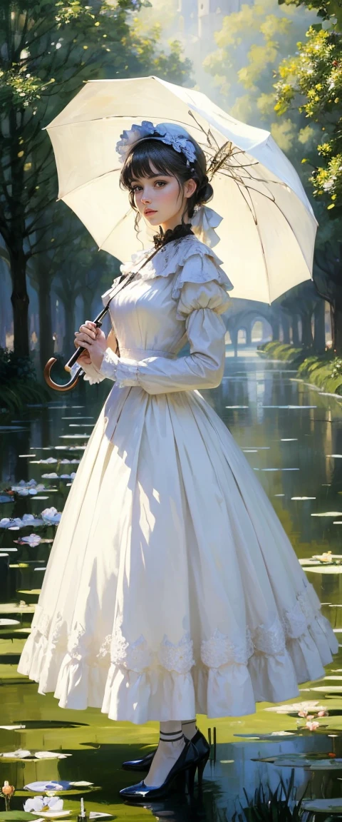 A picture of a woman in a white dress holding a green umbrella,  impressionist paintings standing with many , Many painting, Many painted, by claude Many, by Claude Monet, charles Many, style of Many, claude Many), Monet,  umbrellas, ブランシュ・オシュデ・Monet作, calude Many style, style of claude Many, Many. Great lighting, 